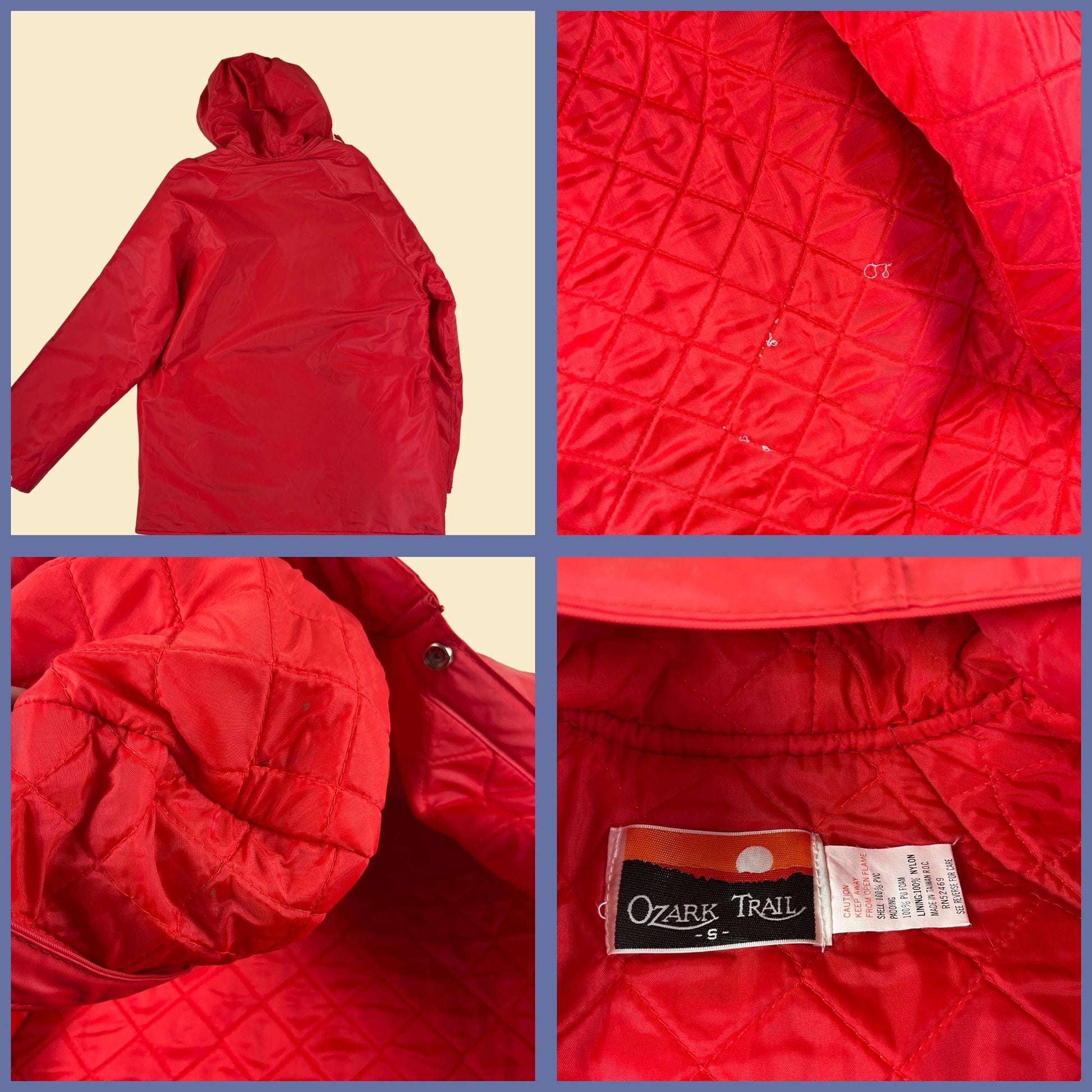 80s/90s S puffer rain jacket by Ozark Trail, men's vintage solid red hooded PVC jacket