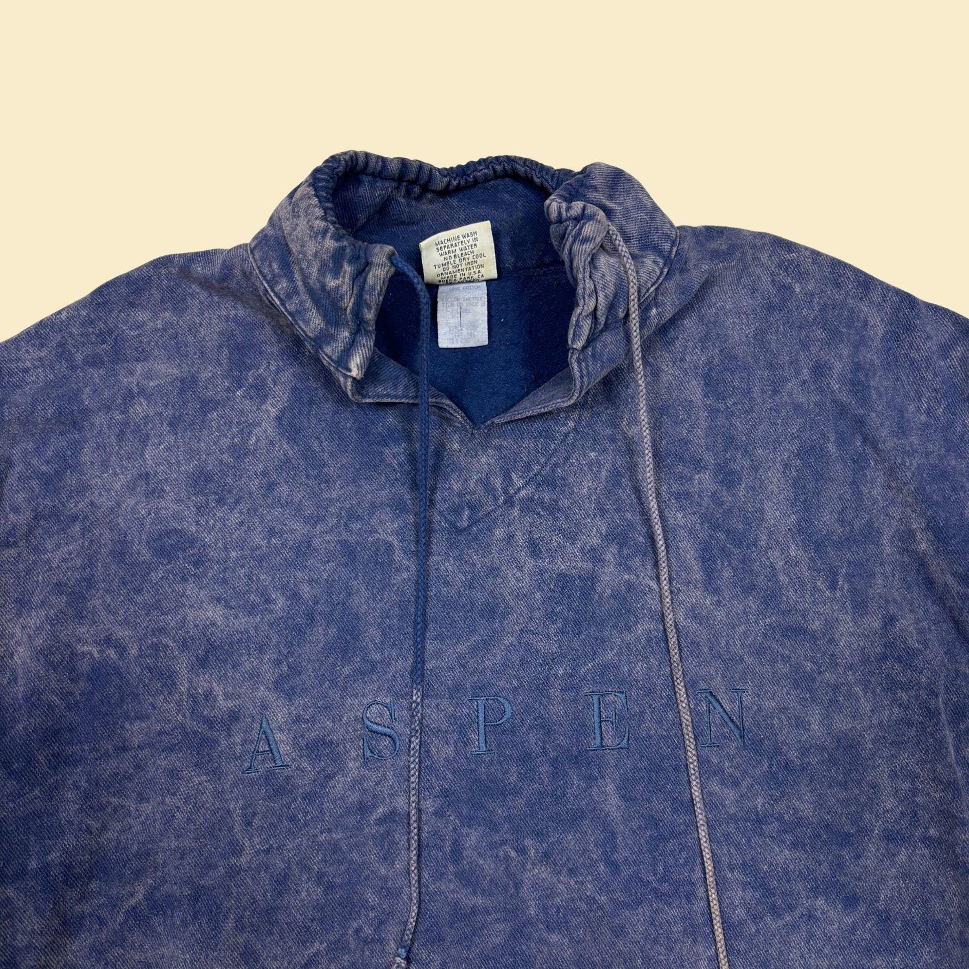 90s Aspen sweatshirt, vintage blue pullover sweater with drawstrings & acid wash pattern