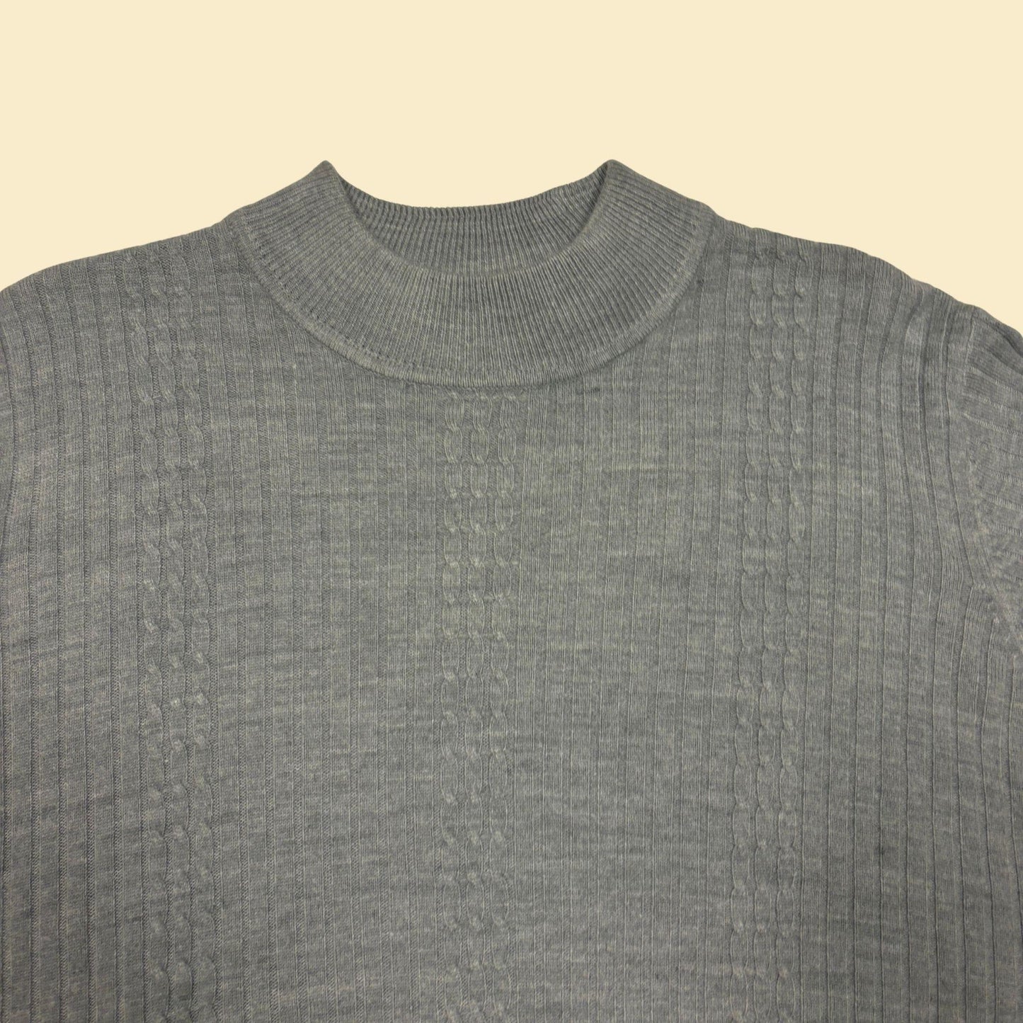 90s/Y2K grey L mockneck sweater by Laura Scott Petites, pullover women's ribbed/cable knit sweater