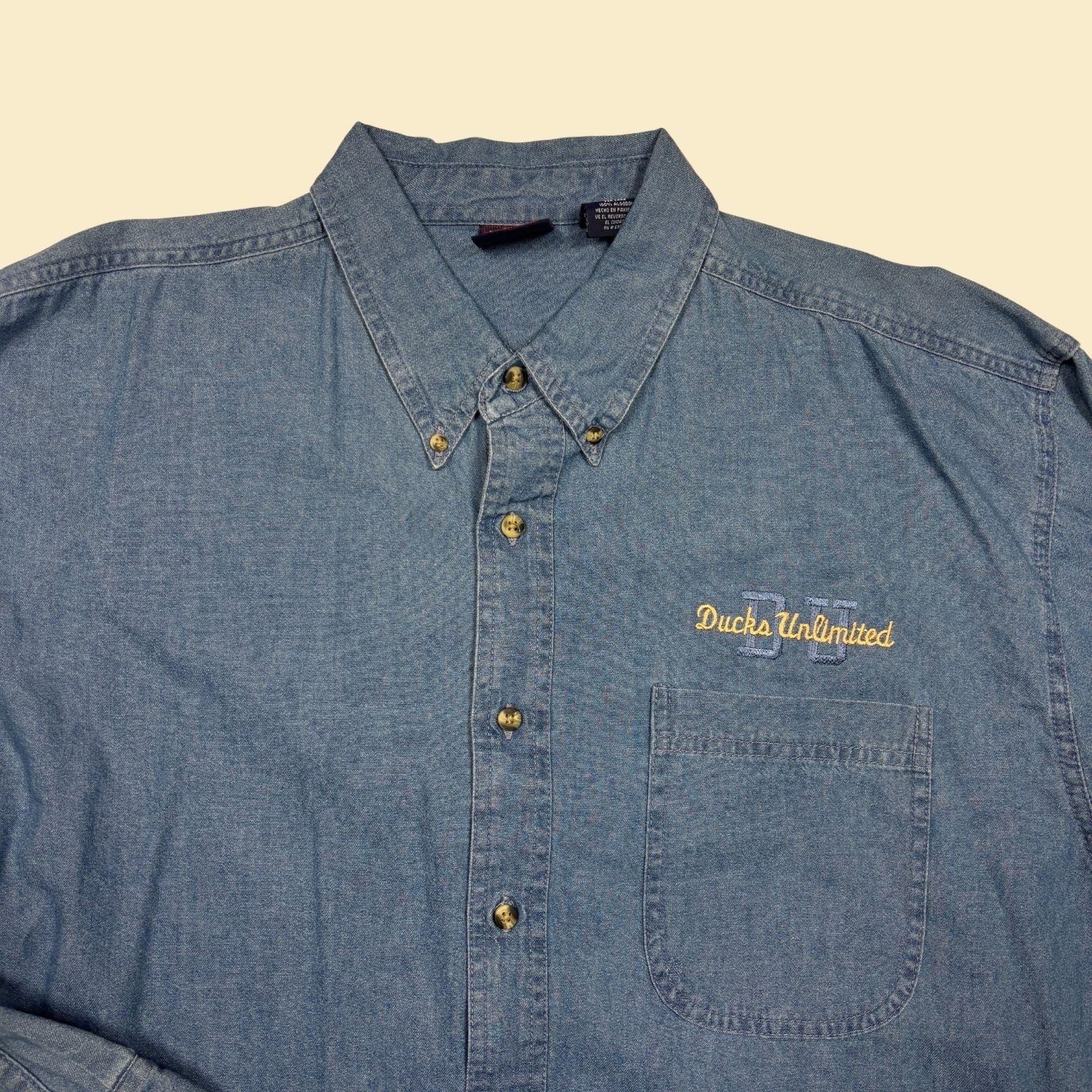 90s/Y2K denim 2XL shirt w/ Duck's Unlimited logo by Common Sense, vintage chambray button down long sleeve