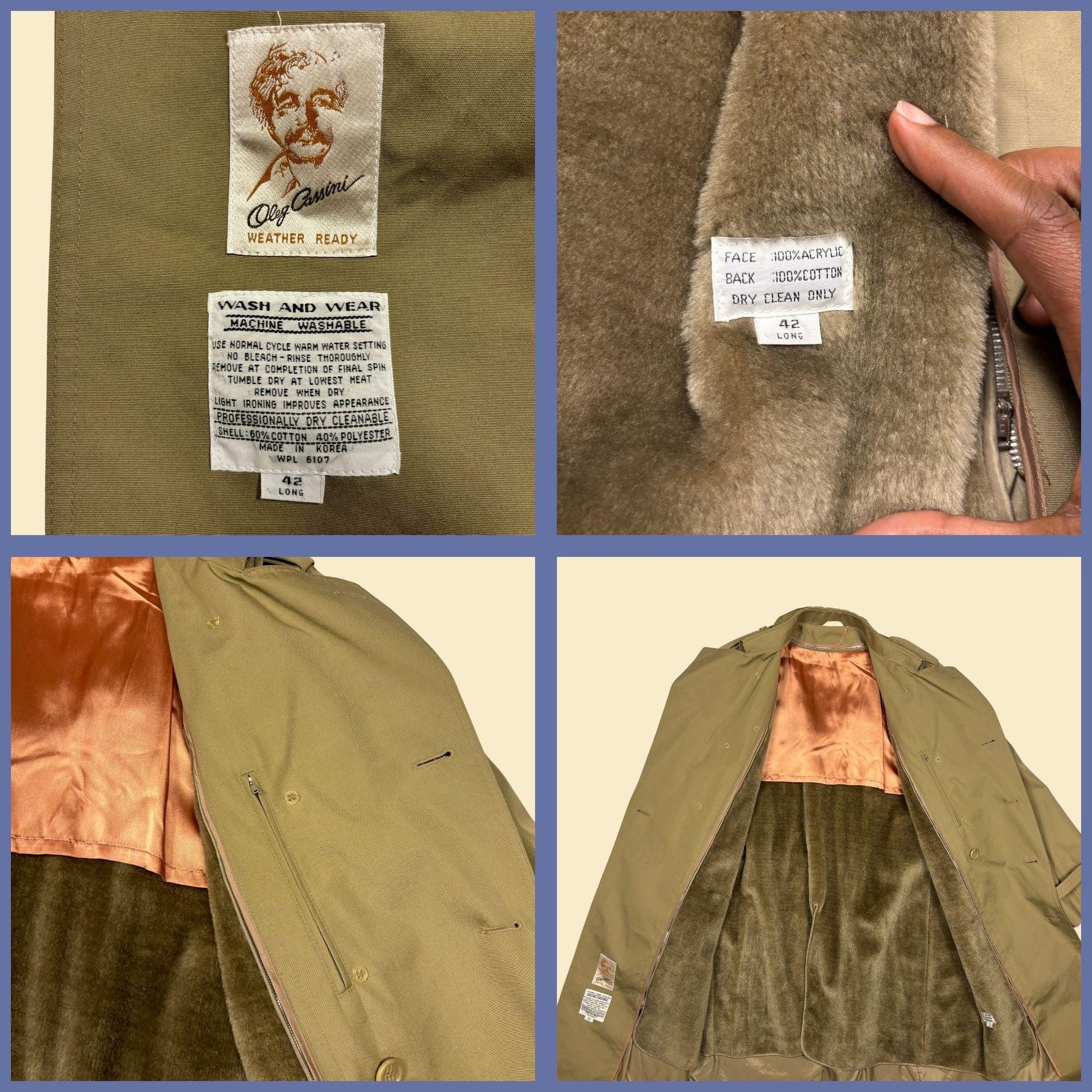 1970s Oleg Cassini trench coat jacket, size 42 L vintage men's double breasted faux-fur lined "weather ready" coat