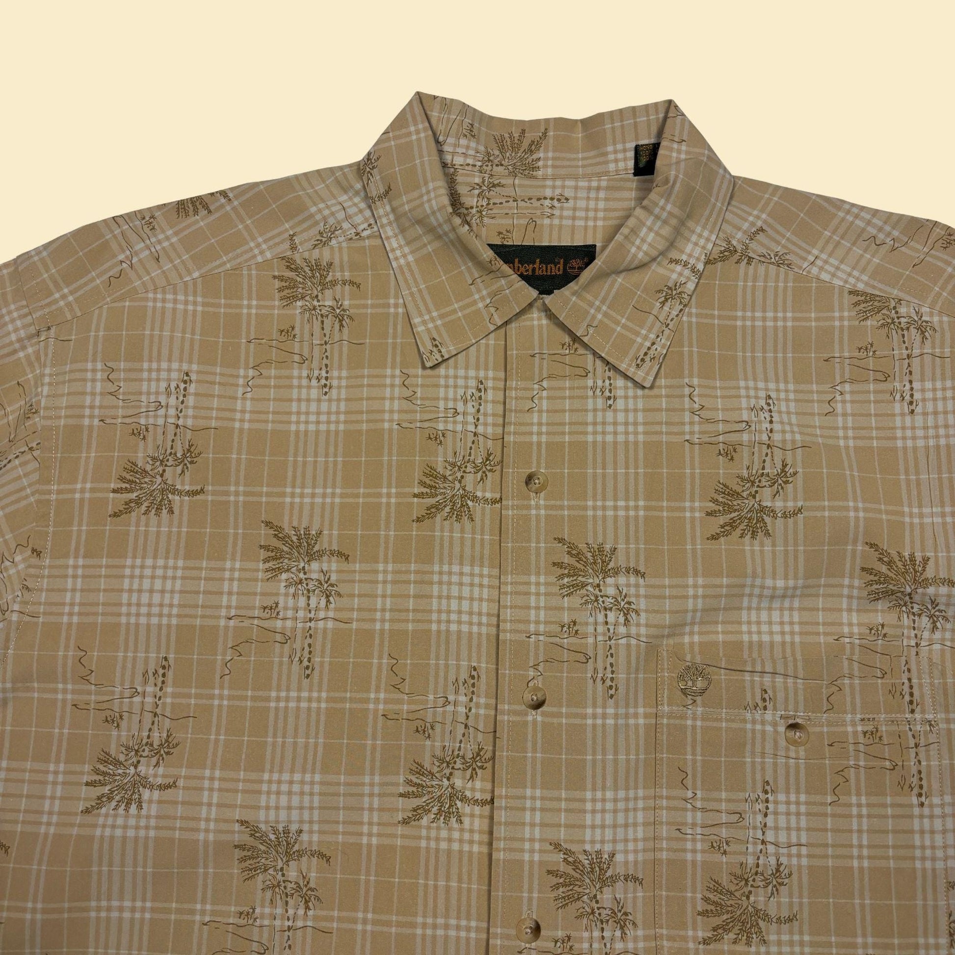 90s L Timberland shirt, vintage men's palm tree & plaid patterned short sleeve beige/tan button down