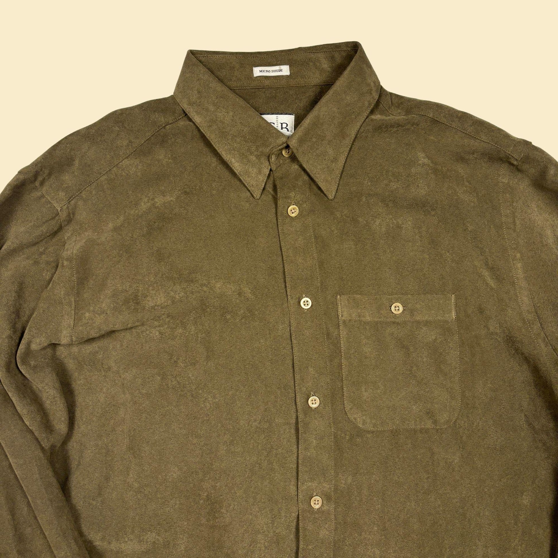 90s/Y2K green XL faux-suede shirt by Geoffrey Beene, vintage men's button down long sleeve top