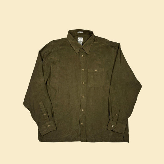 90s/Y2K green XL faux-suede shirt by Geoffrey Beene, vintage men's button down long sleeve top