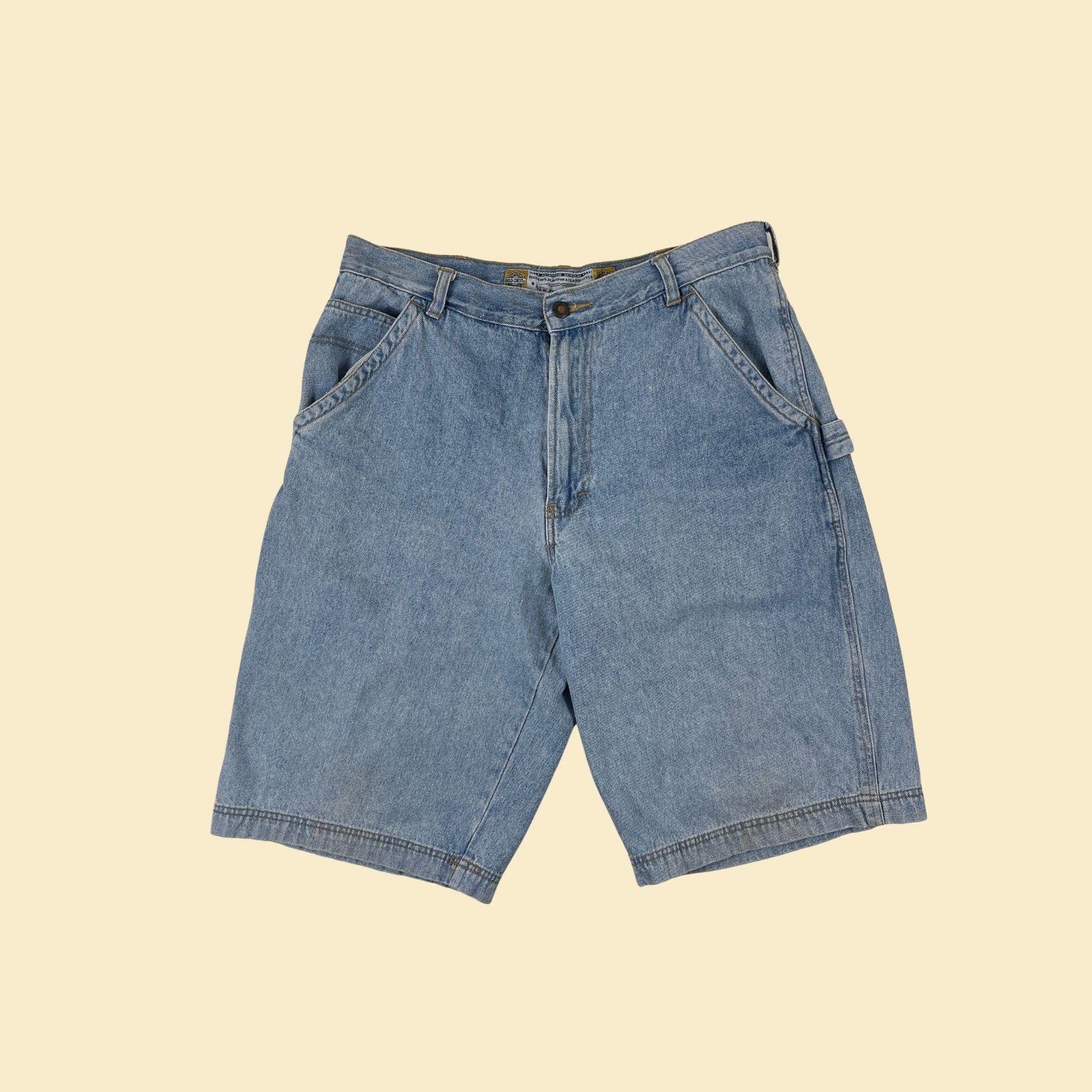 90s Bugle Boy 34W jean shorts, vintage men's cotton denim knee-length carpenter shorts