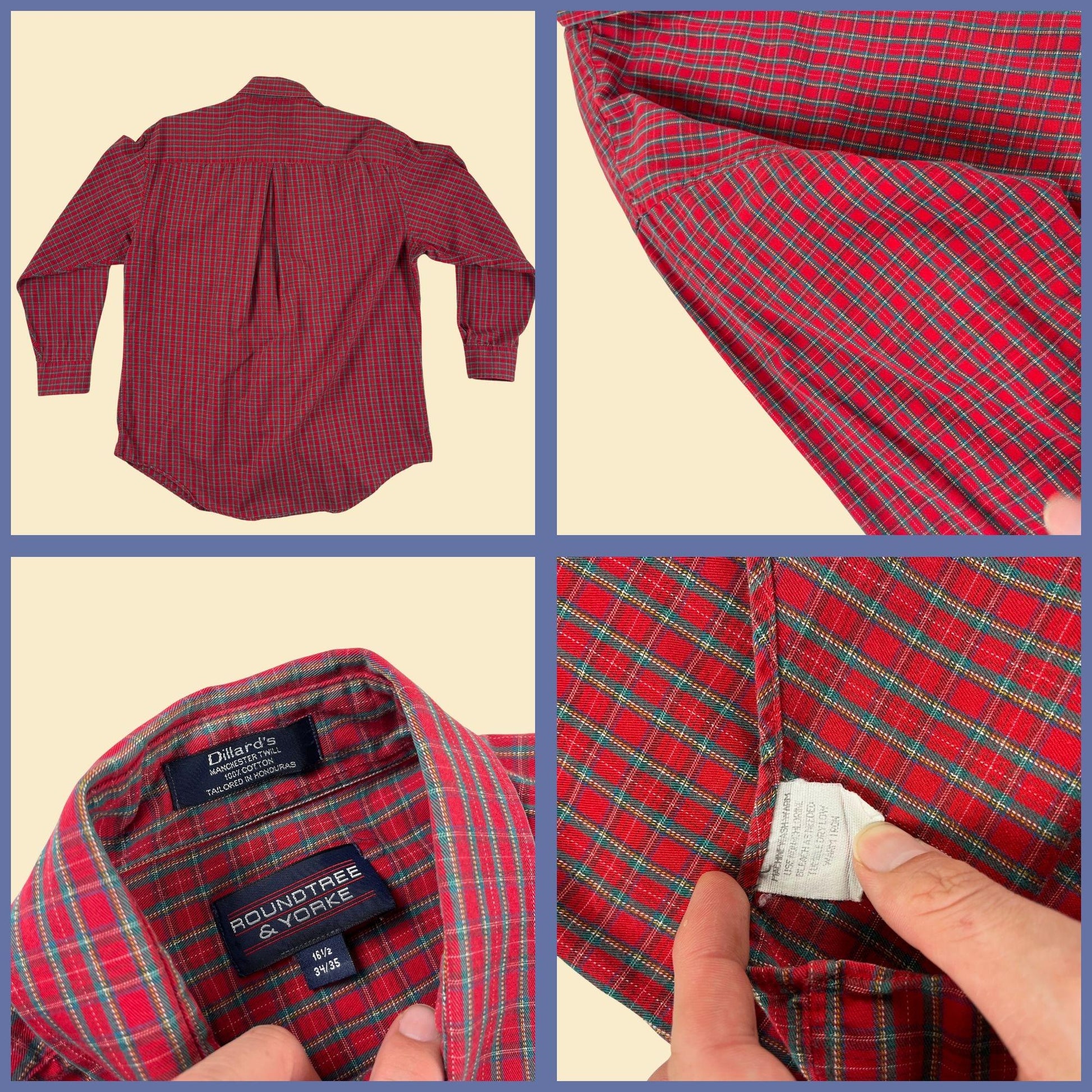 90s plaid red shirt, size 16.5, 34/35 men's long sleeve casual button down by Roundtree & Yorke