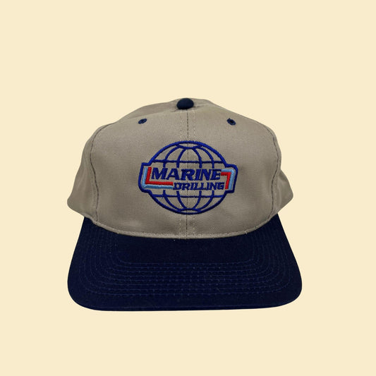 90s Marine Drilling snapback hat, vintage beige & blue Louisiana oil/drilling workwear hat