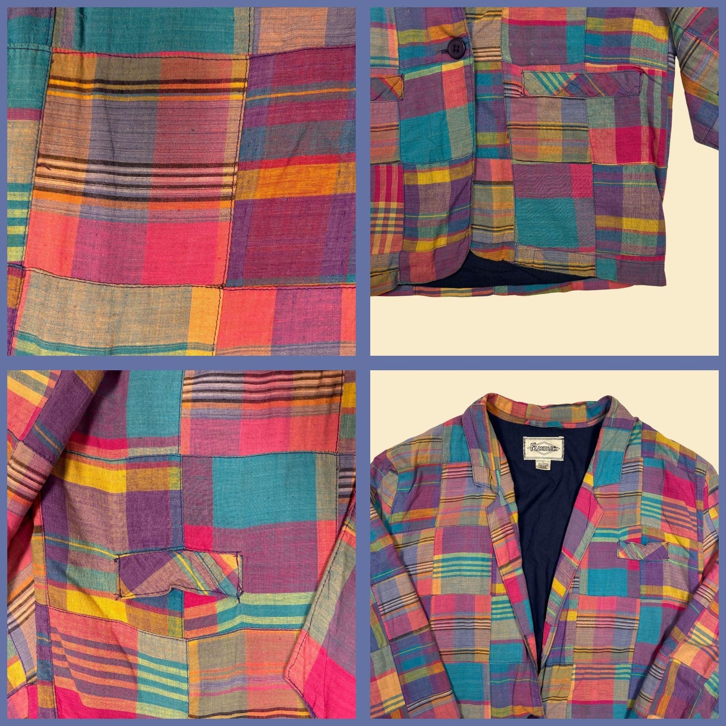 1980s pastel plaid blazer by Flashback, size L women's 80s pink & teal cotton jacket