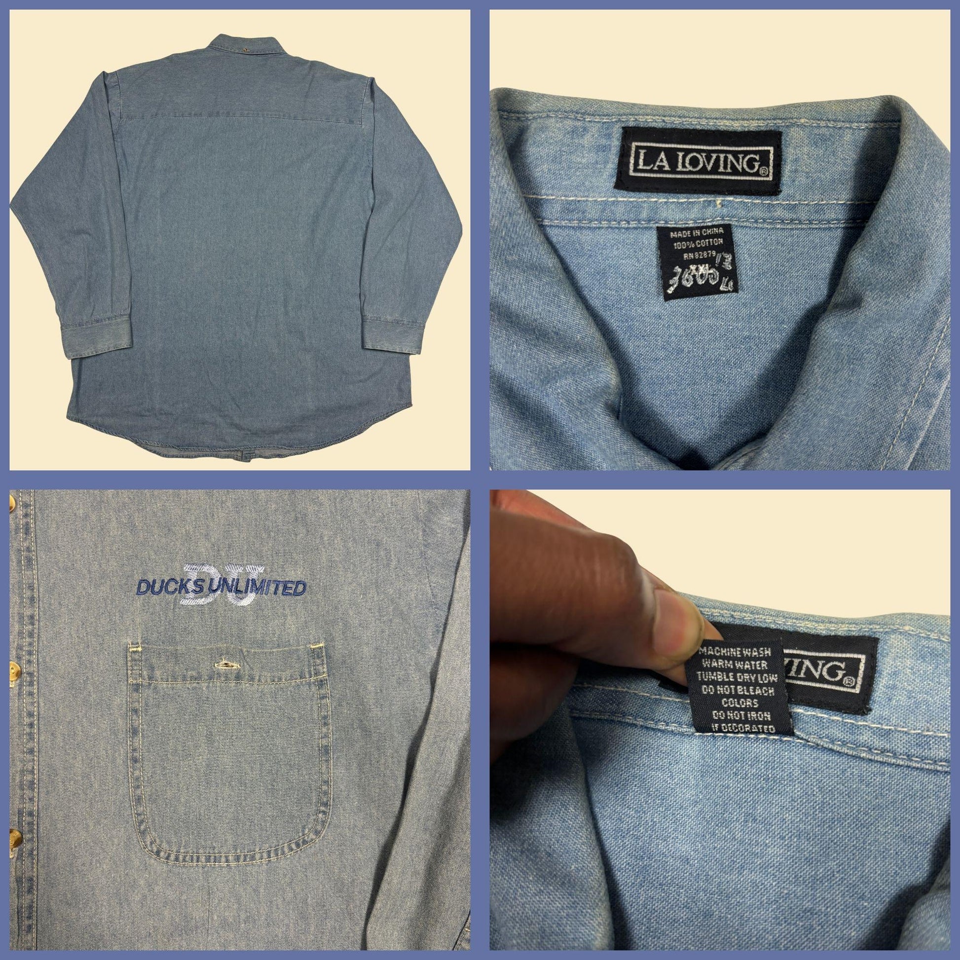 90s XXL chambray shirt w/ Ducks Unlimited logo by LA Loving, vintage men's lightweight denim-style button down