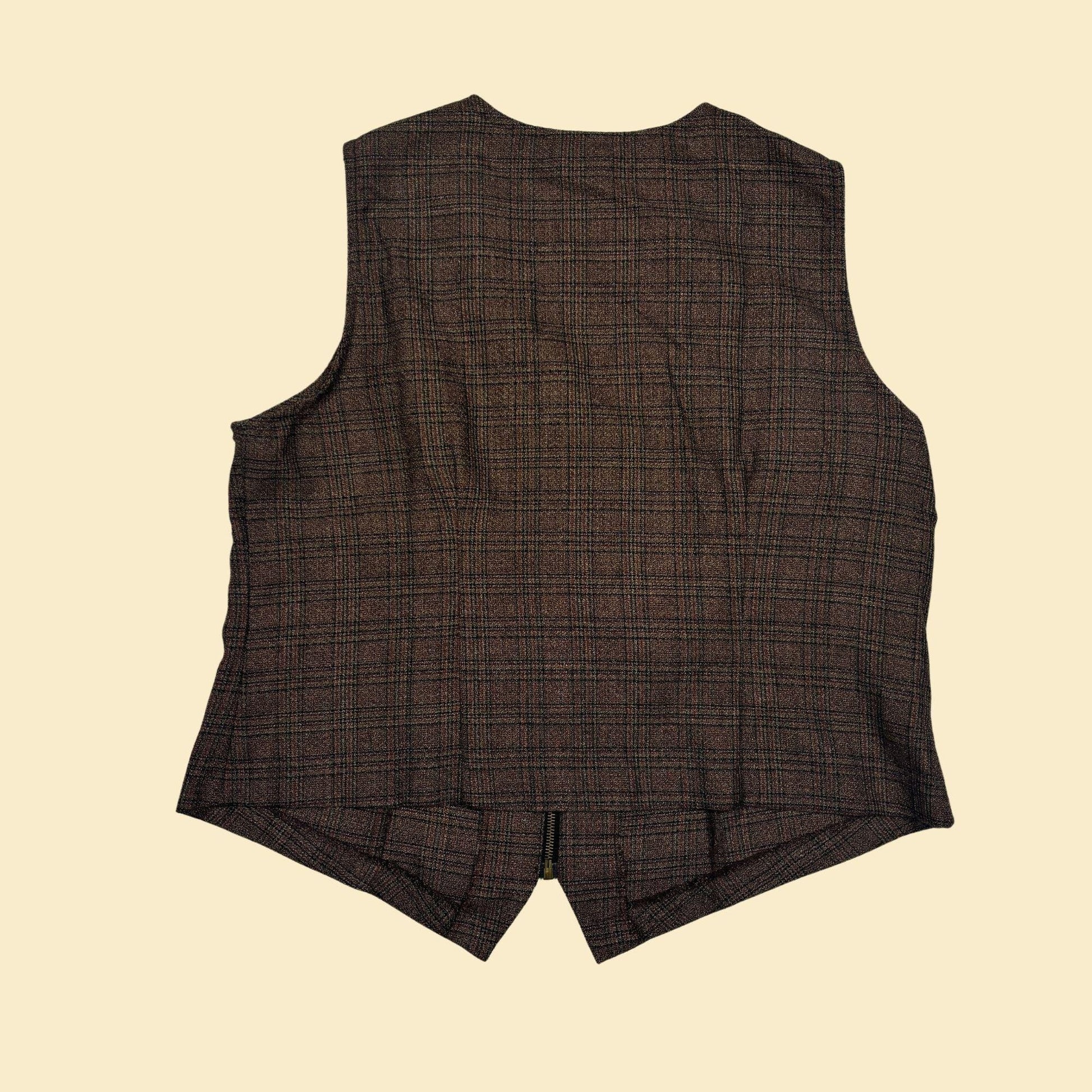 70s/80s plaid zip up women's vest, size 20 burgundy & brown sleeveless blouse