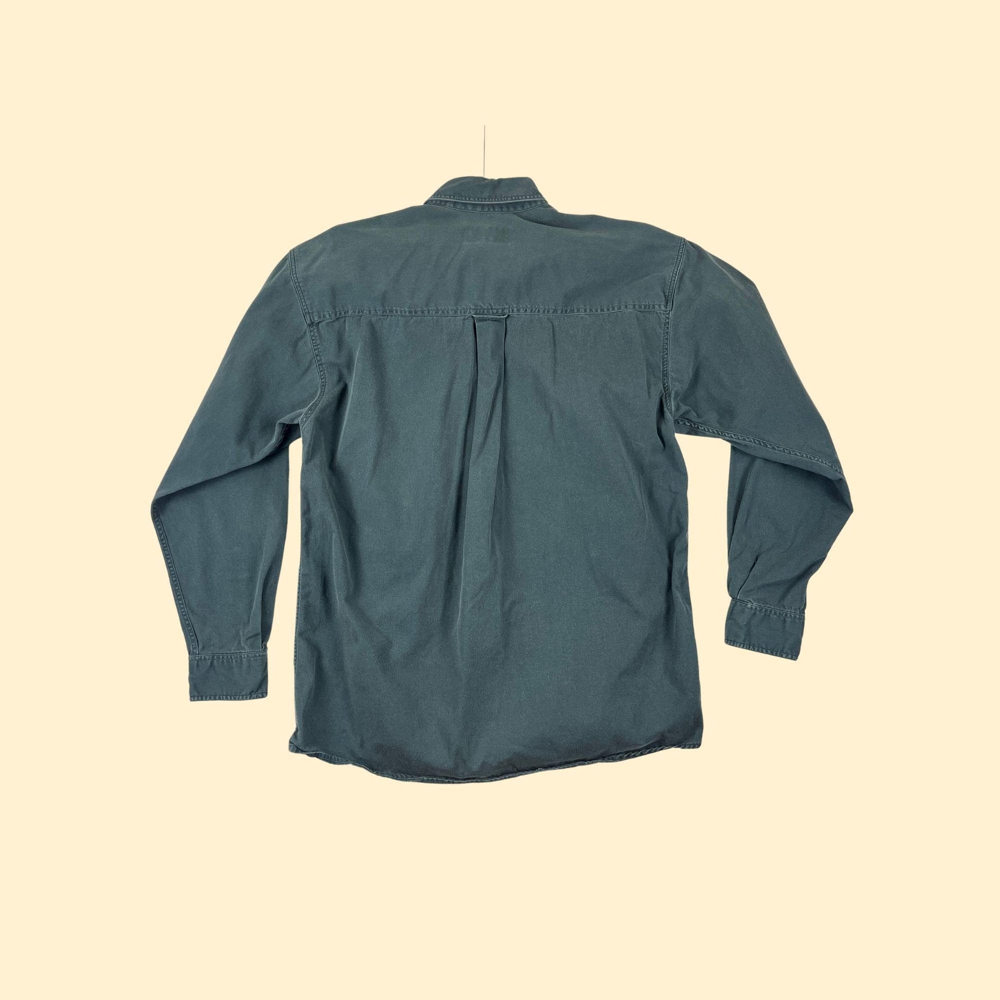 80s/90s Eddie Bauer M shirt, green (grey-toned) button down USA made cotton long sleeve top