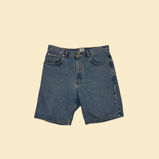 90s Calvin Klein Jeans size 32 denim shorts, vintage men's knee-length carpenter-style shorts