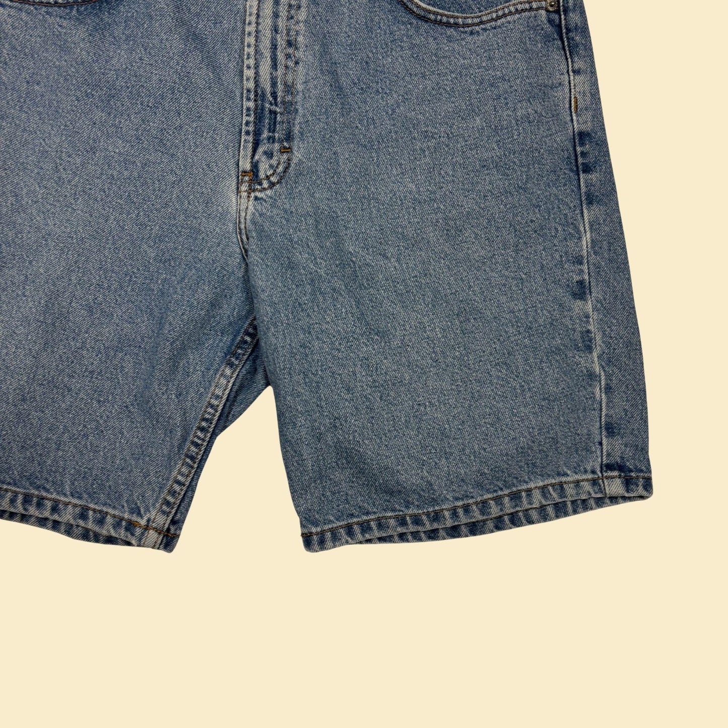 90s Calvin Klein Jeans size 32 denim shorts, vintage men's knee-length carpenter-style shorts