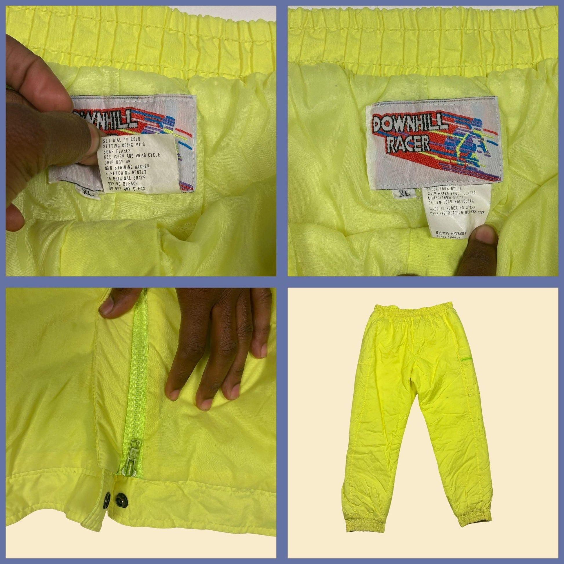 80s/90s ski pants by Downhill Racer, size XL men's neon yellow nylon pants