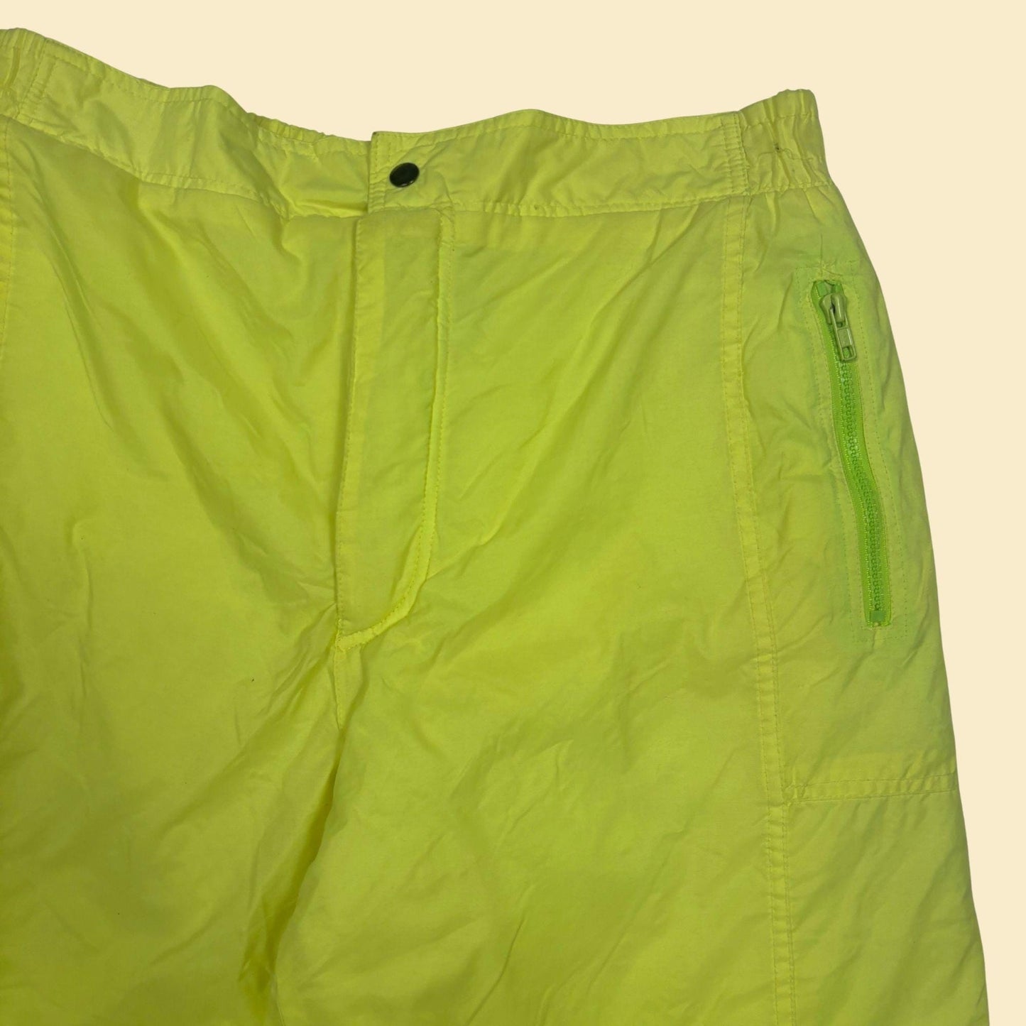 80s/90s ski pants by Downhill Racer, size XL men's neon yellow nylon pants