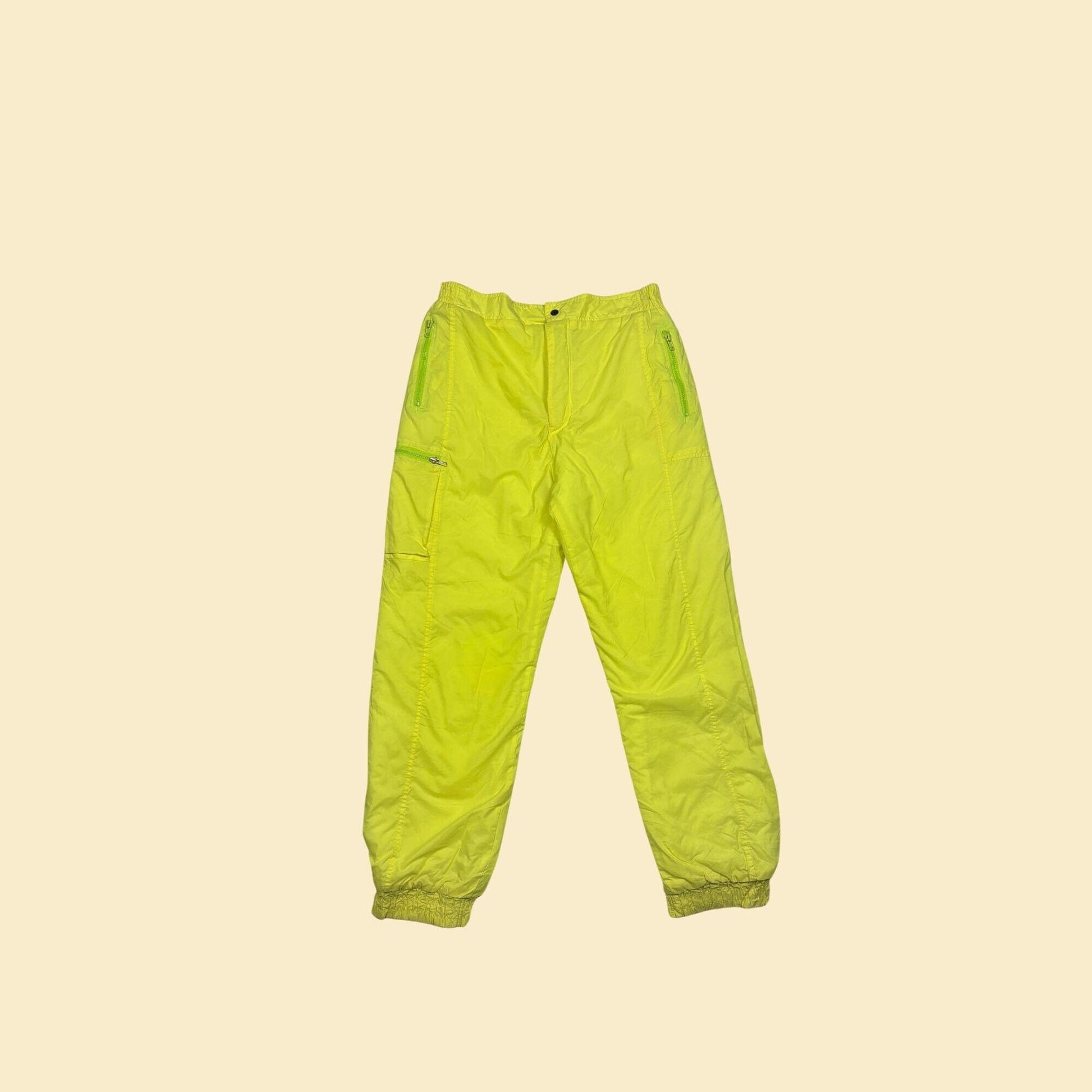 80s/90s ski pants by Downhill Racer, size XL men's neon yellow nylon pants