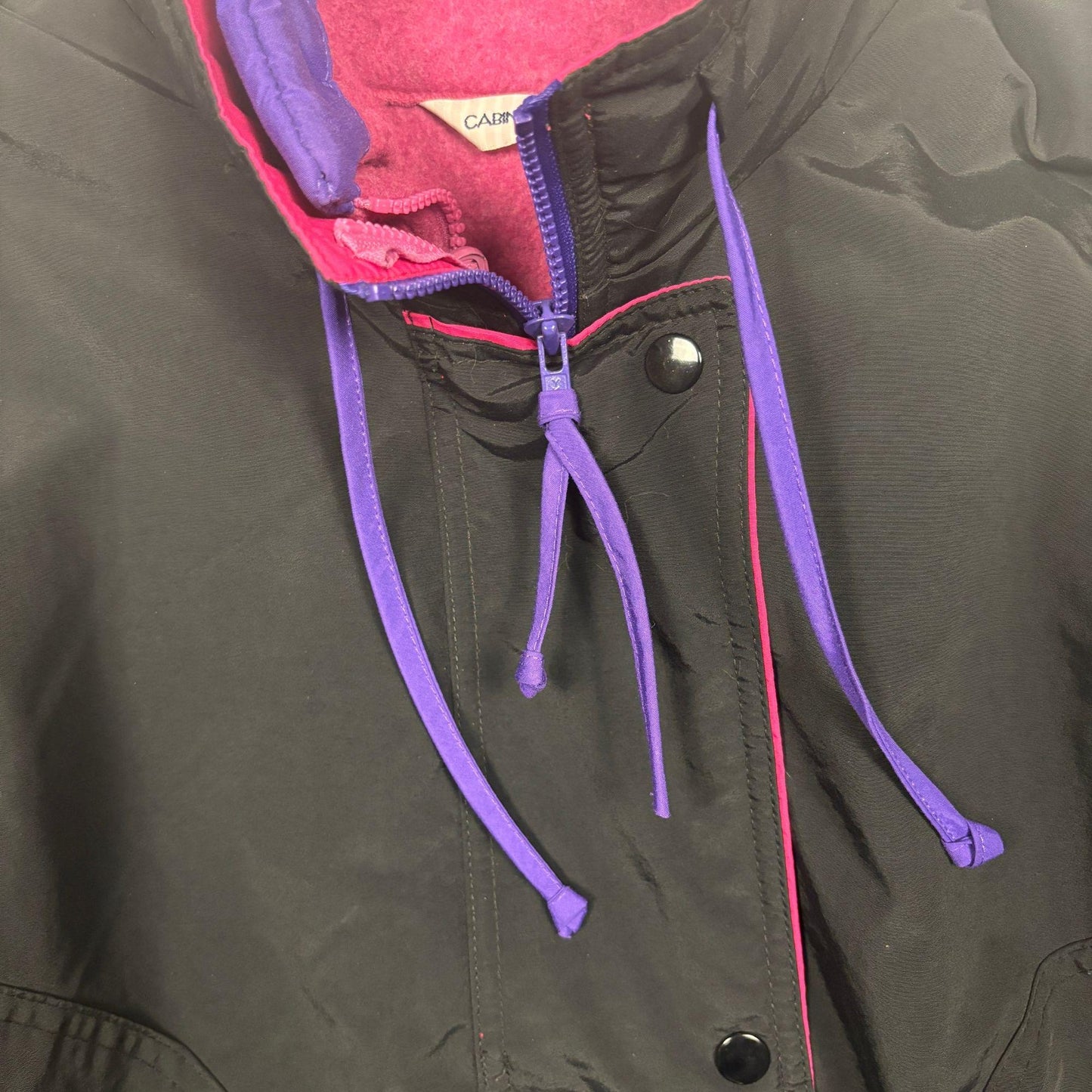 90s L black & purple jacket w/ removable fleece lining by Cabin Creek, vintage two-piece women's black/purple/pink coat