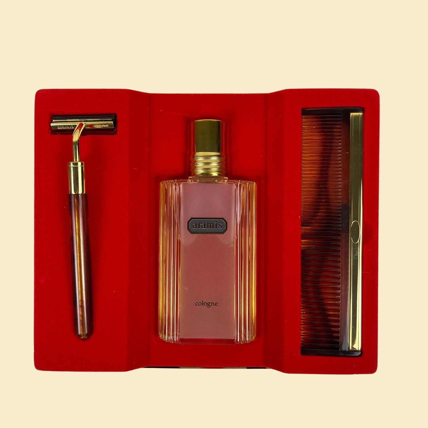 1970s Aramis shave & cologne kit, vintage men's tortoise shell comb/razor set, new old stock