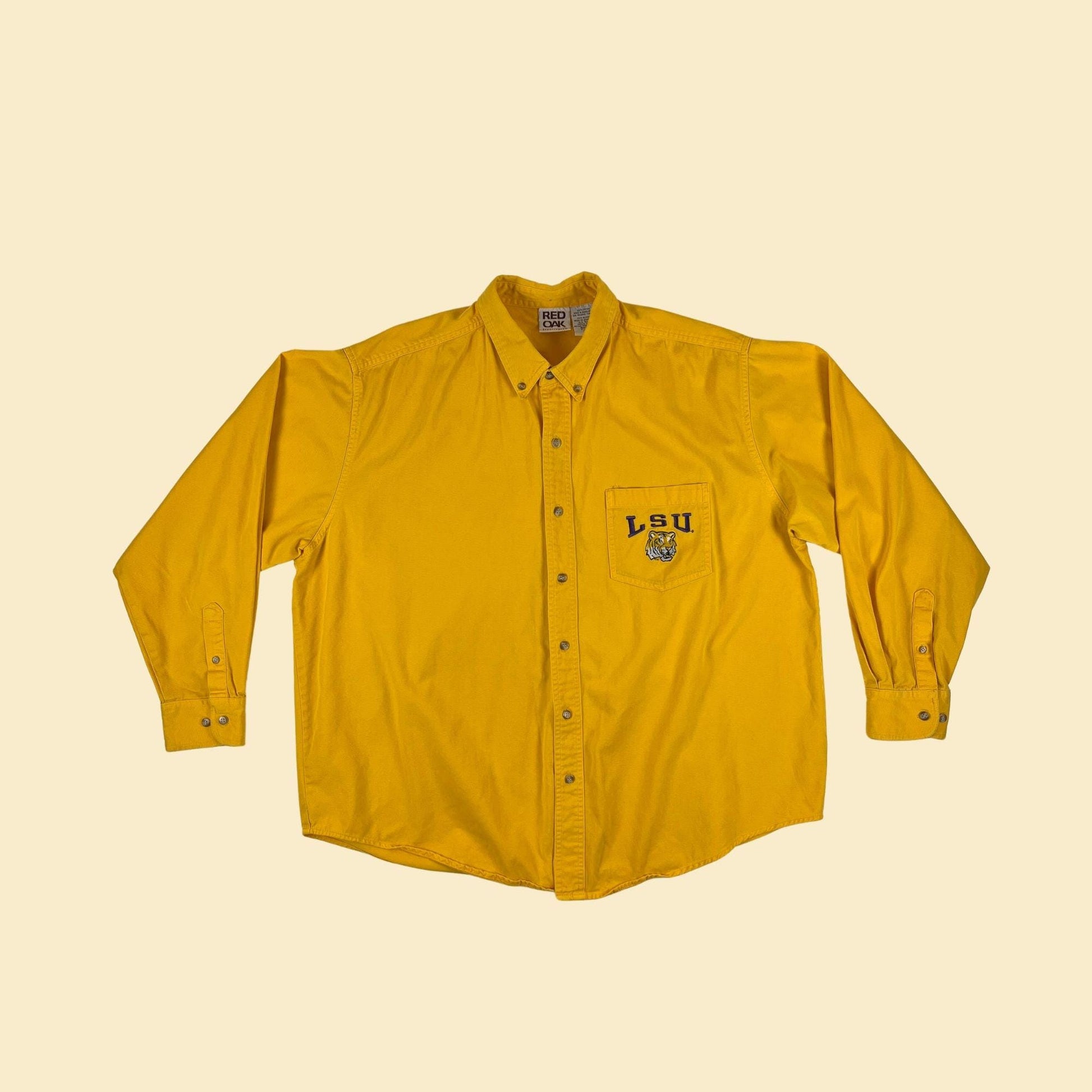 90s LSU XXL shirt, vintage men's yellow button down Louisiana State University Tigers shirt