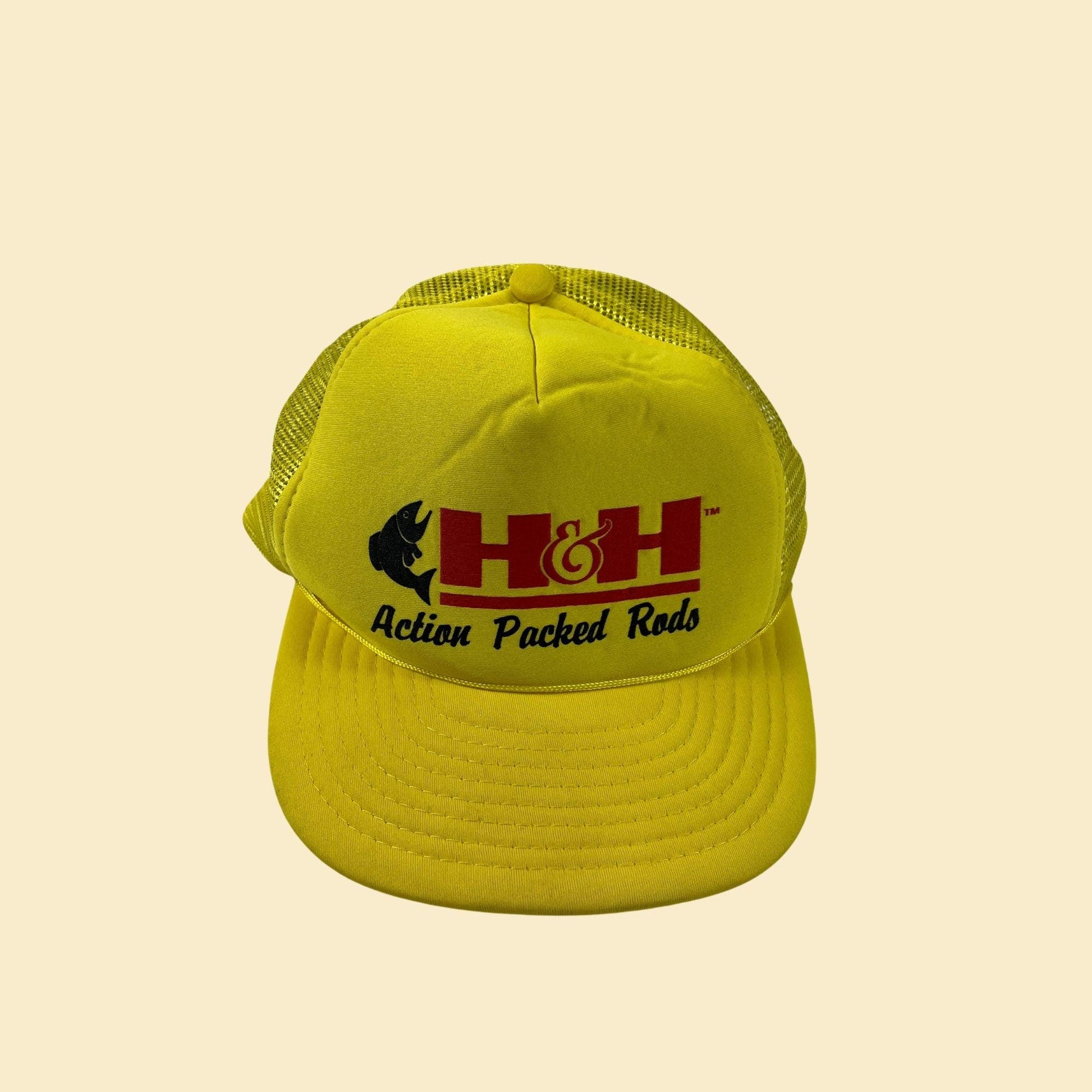 90s yellow snapback w/ H&H Action Packed Rods advertisement, vintage yellow/red fishing baseball cap w/ mesh back