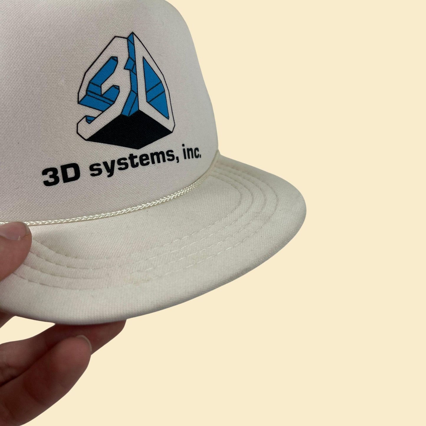 80s/90s snapback w/ 3D Systems logo, vintage white "youth size" white & blue baseball cap