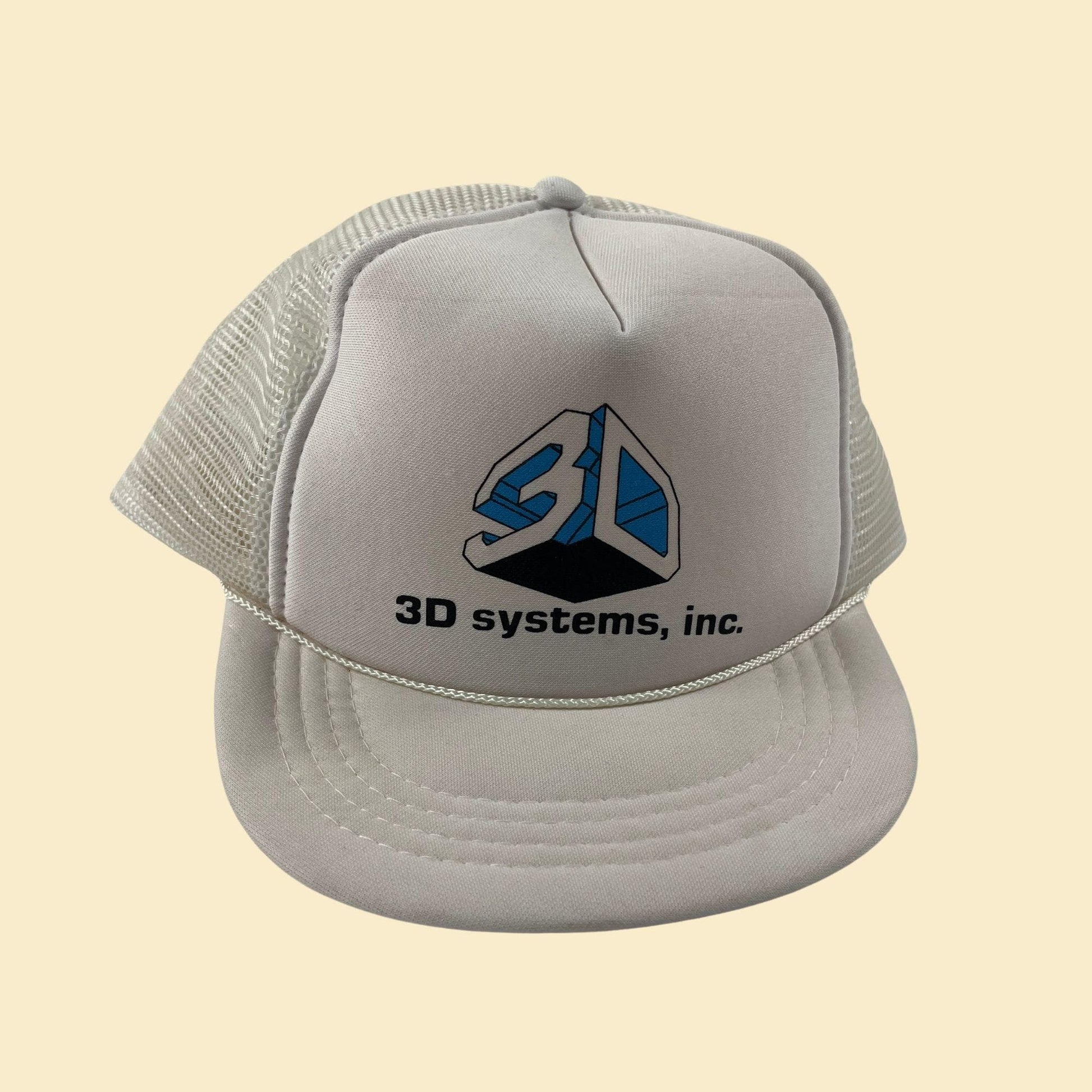 80s/90s snapback w/ 3D Systems logo, vintage white "youth size" white & blue baseball cap