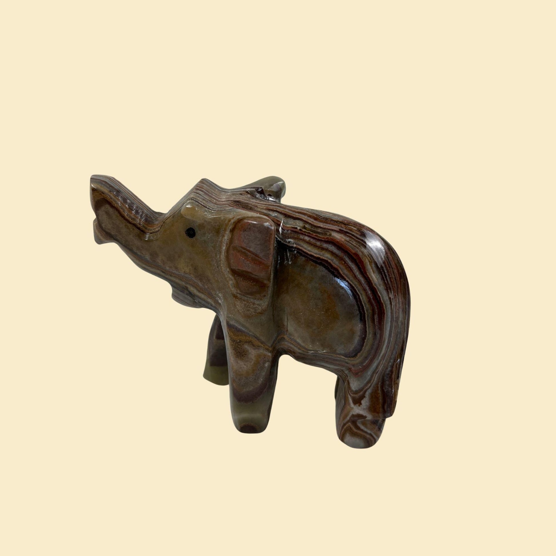 Vintage 1970s elephant sculpture, onyx 4"x3" brown hand-carved stone elephant statue