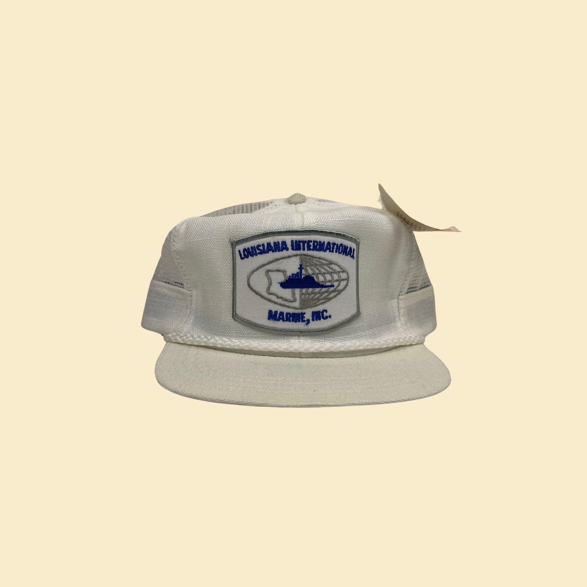 1980s snapback w/ Louisiana International Marine patch, vintage white & blue Louisiana baseball cap