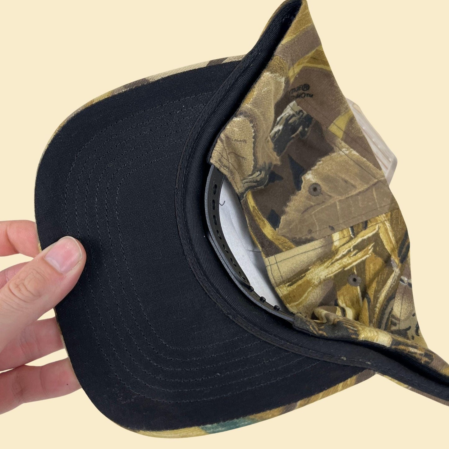 90s camo snapback hat by Advantage, Deubler Electric workwear men's baseball cap w/ wetlands camo