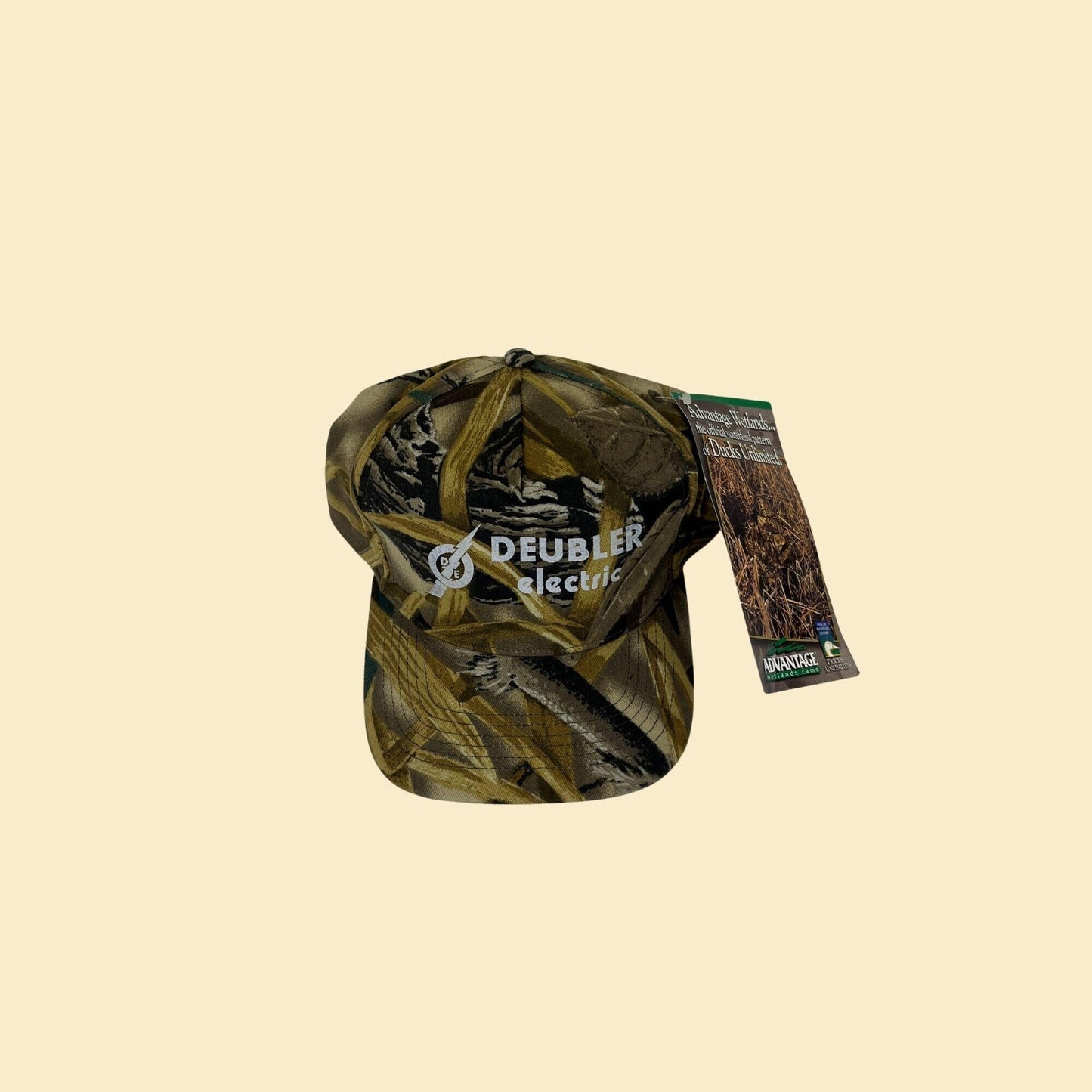 90s camo snapback hat by Advantage, Deubler Electric workwear men's baseball cap w/ wetlands camo