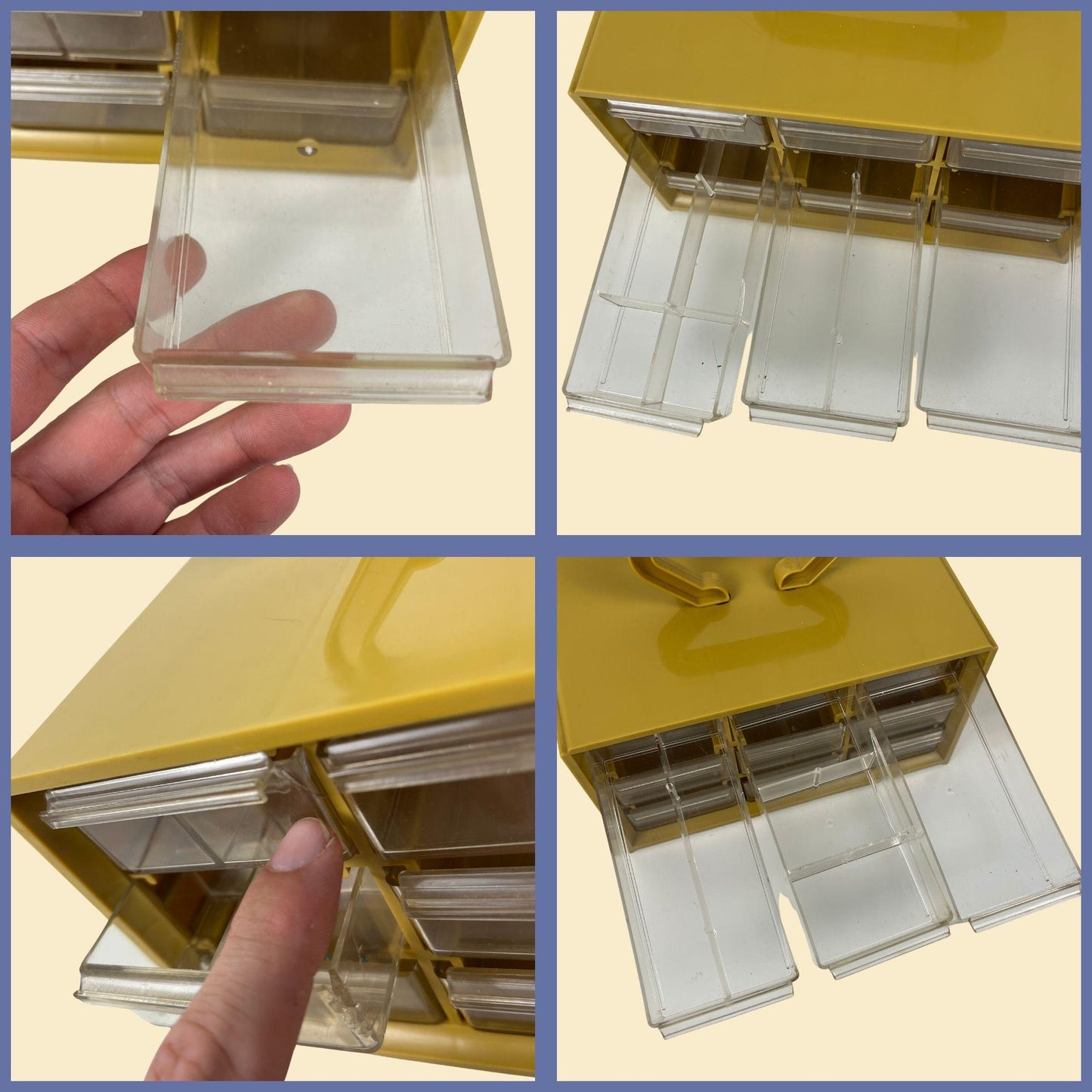 1970s storage container by Bee Plastics, mustard yellow plastic small parts box w/ 9 drawers