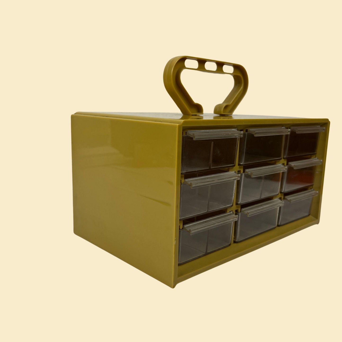 1970s storage container by Bee Plastics, mustard yellow plastic small parts box w/ 9 drawers