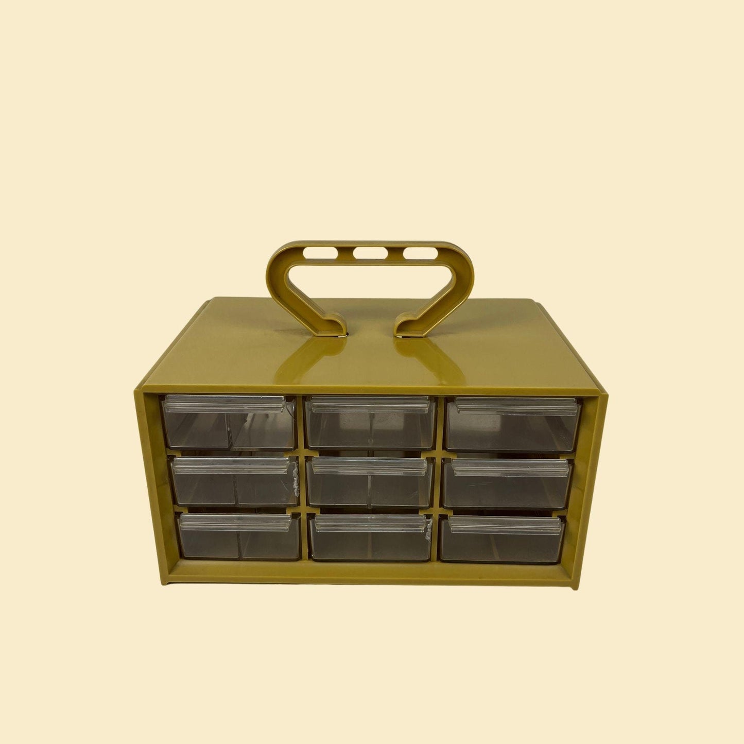 1970s storage container by Bee Plastics, mustard yellow plastic small parts box w/ 9 drawers