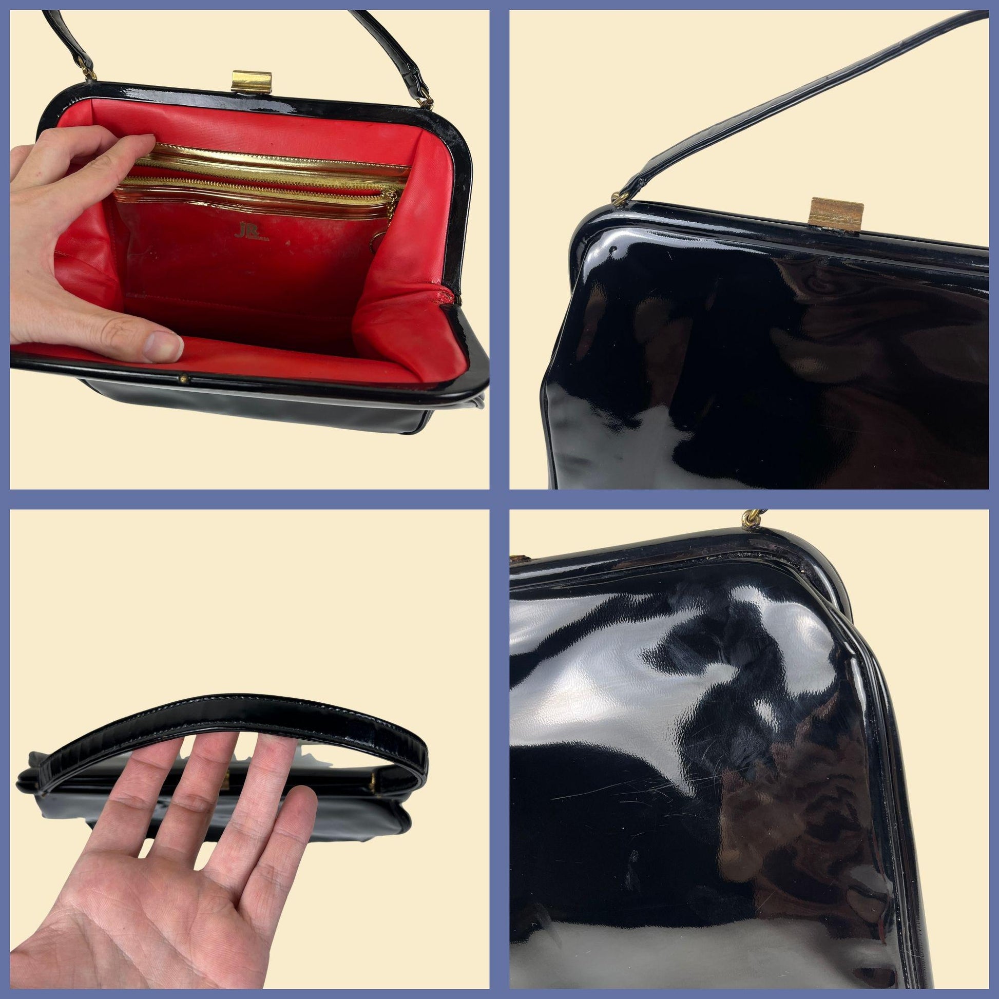 1970s JR Florida patent leather handbag, vintage black shiny structured purse w/ red interior