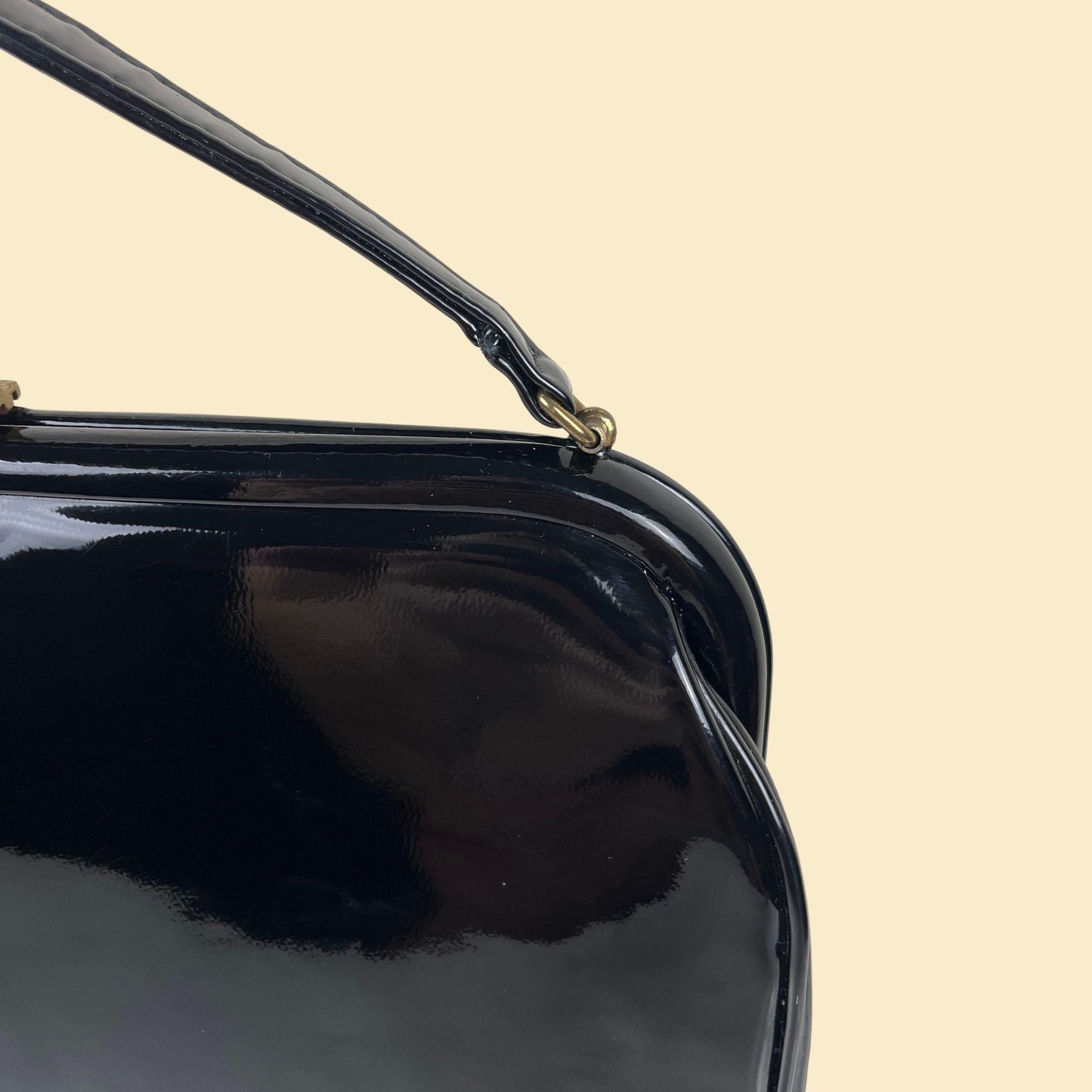 1970s JR Florida patent leather handbag, vintage black shiny structured purse w/ red interior