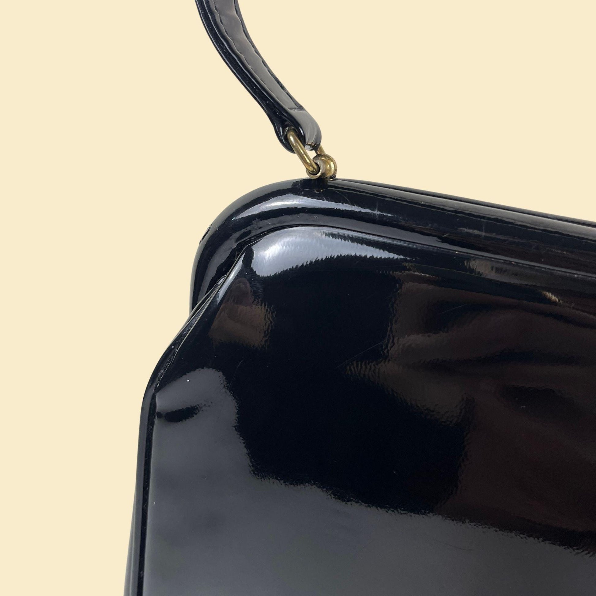 1970s JR Florida patent leather handbag, vintage black shiny structured purse w/ red interior