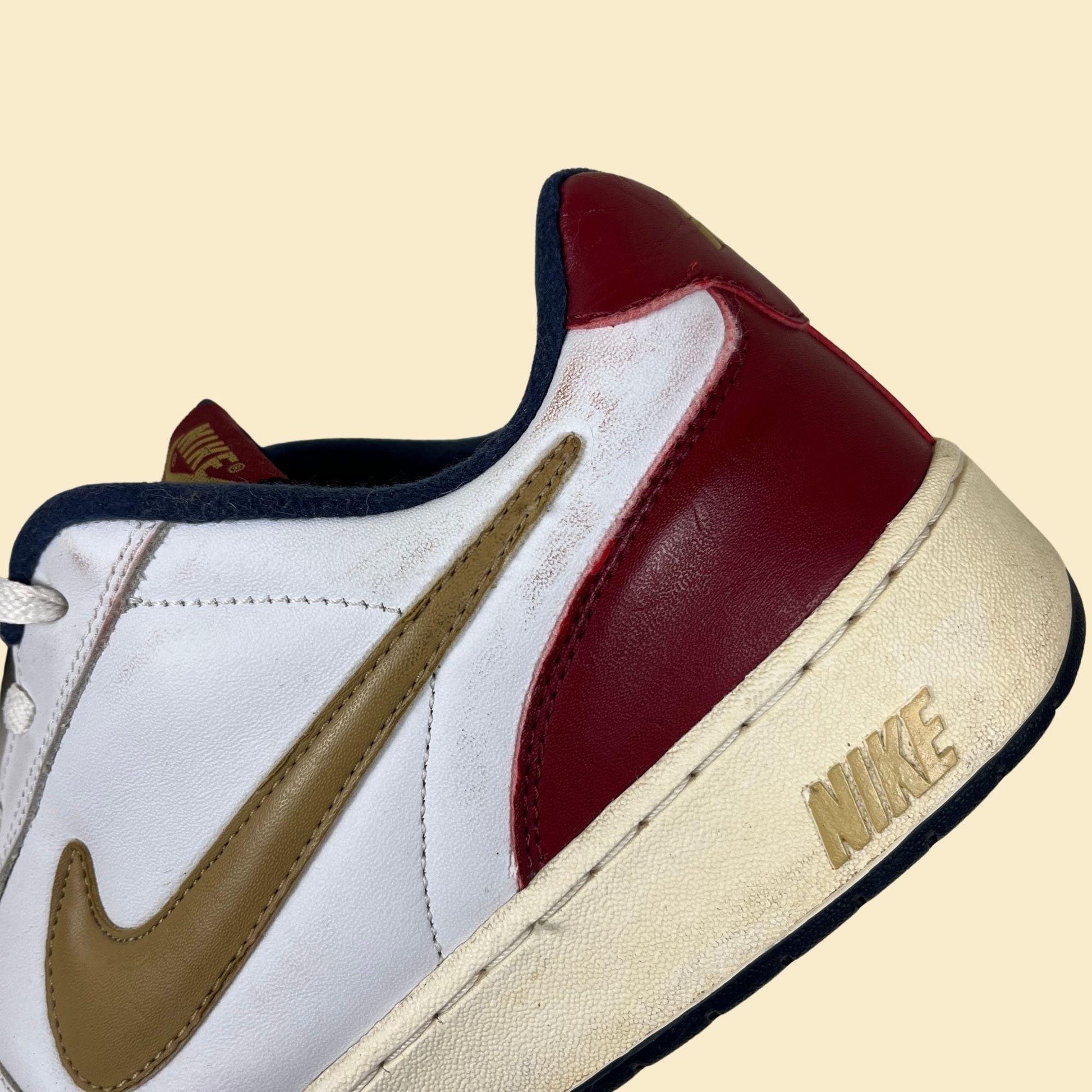 1990s Nike Swoosh size 14 men's sneakers, vintage men's white, burgundy & blue shoes