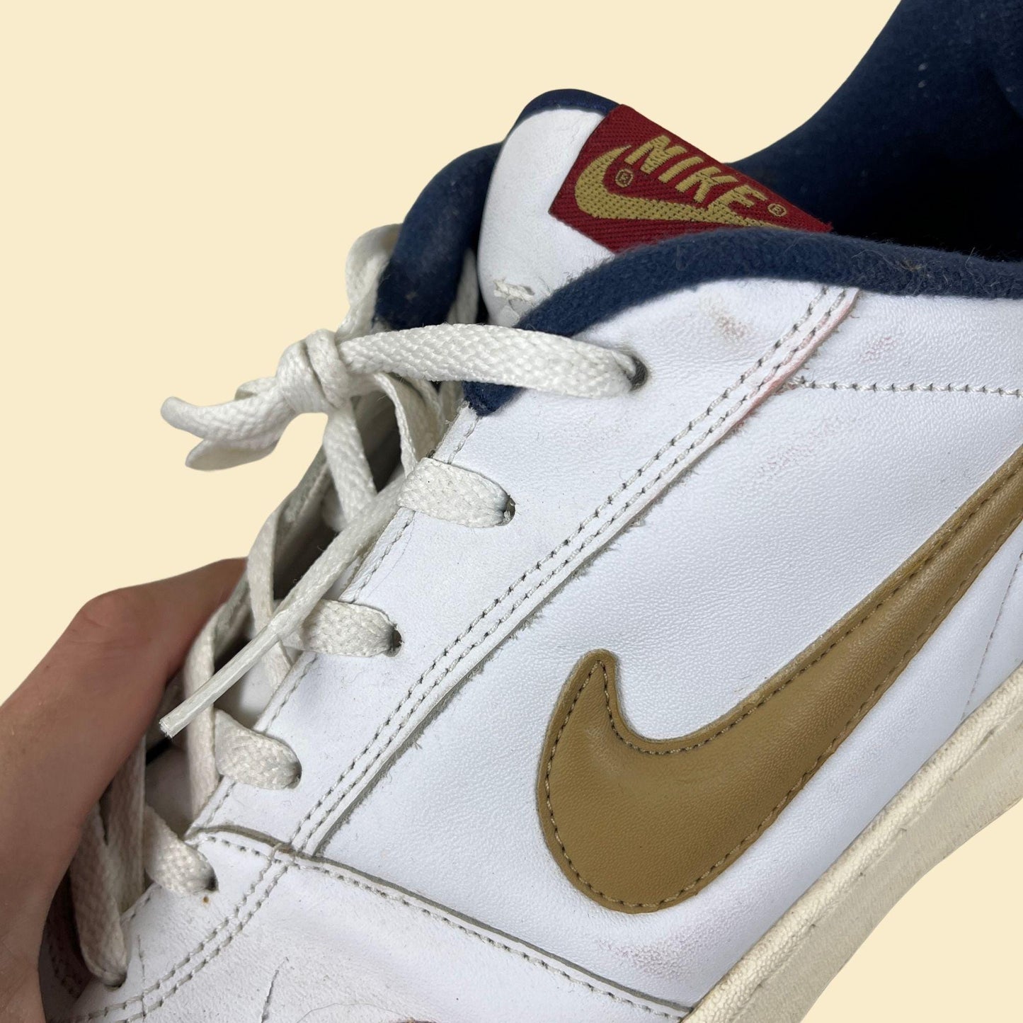 1990s Nike Swoosh size 14 men's sneakers, vintage men's white, burgundy & blue shoes