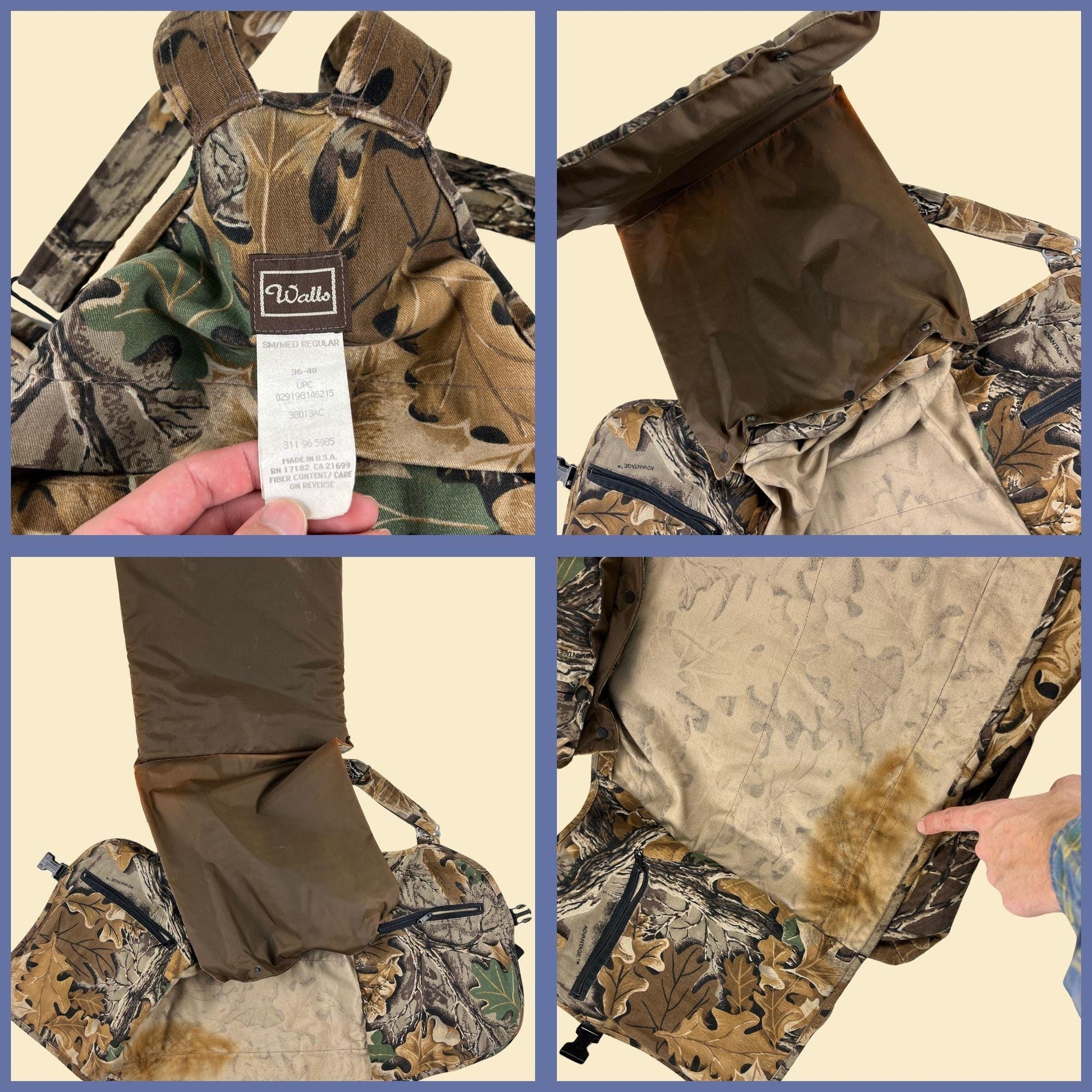 1980s Walls turkey vest w/ Advantage camo, vintage camo S/M (regular) hunting vest w/ foam pad