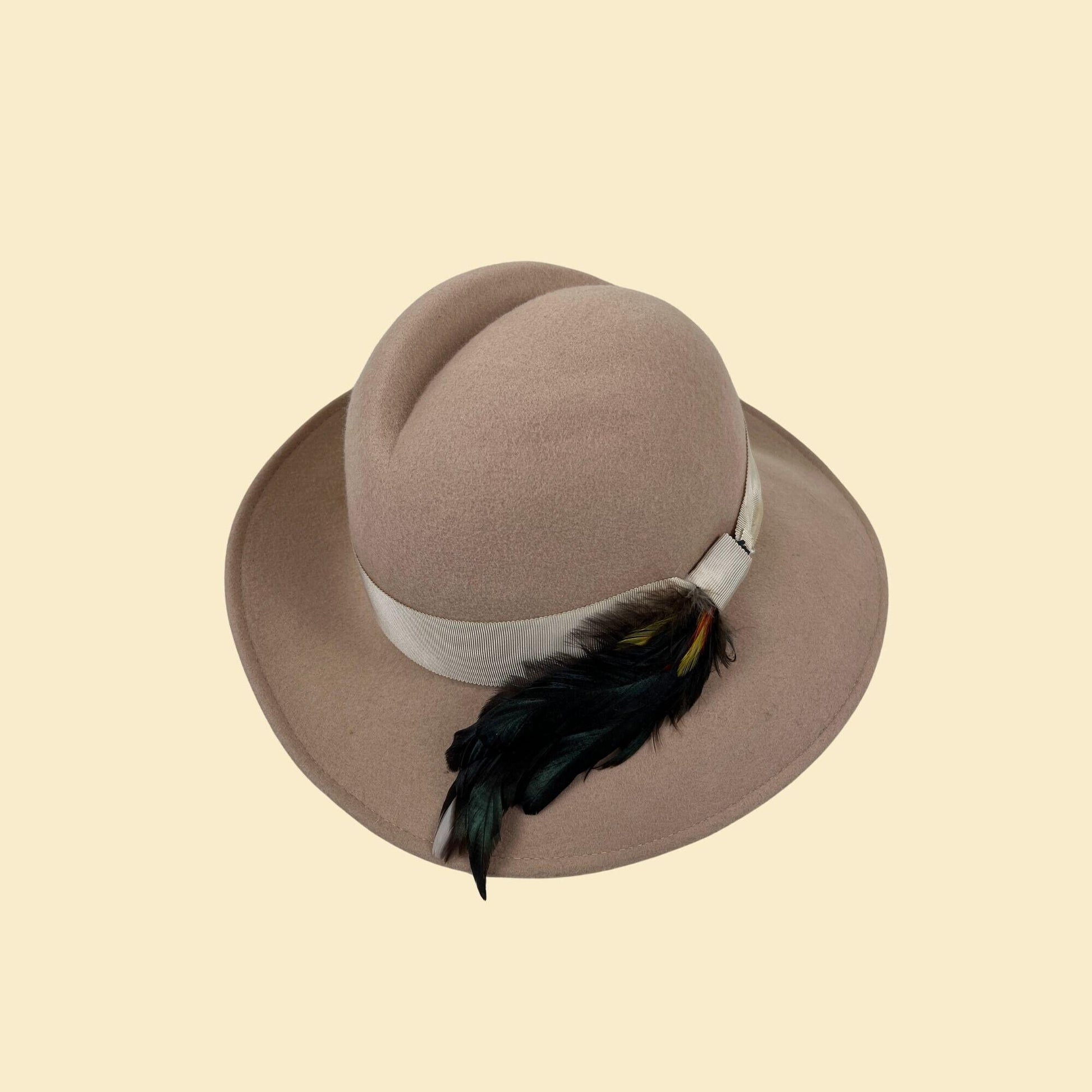 1970s fedora hat w/ feather by Lancaster, 100% wool vintage western-style beige/cream brim hat w/ ribbon