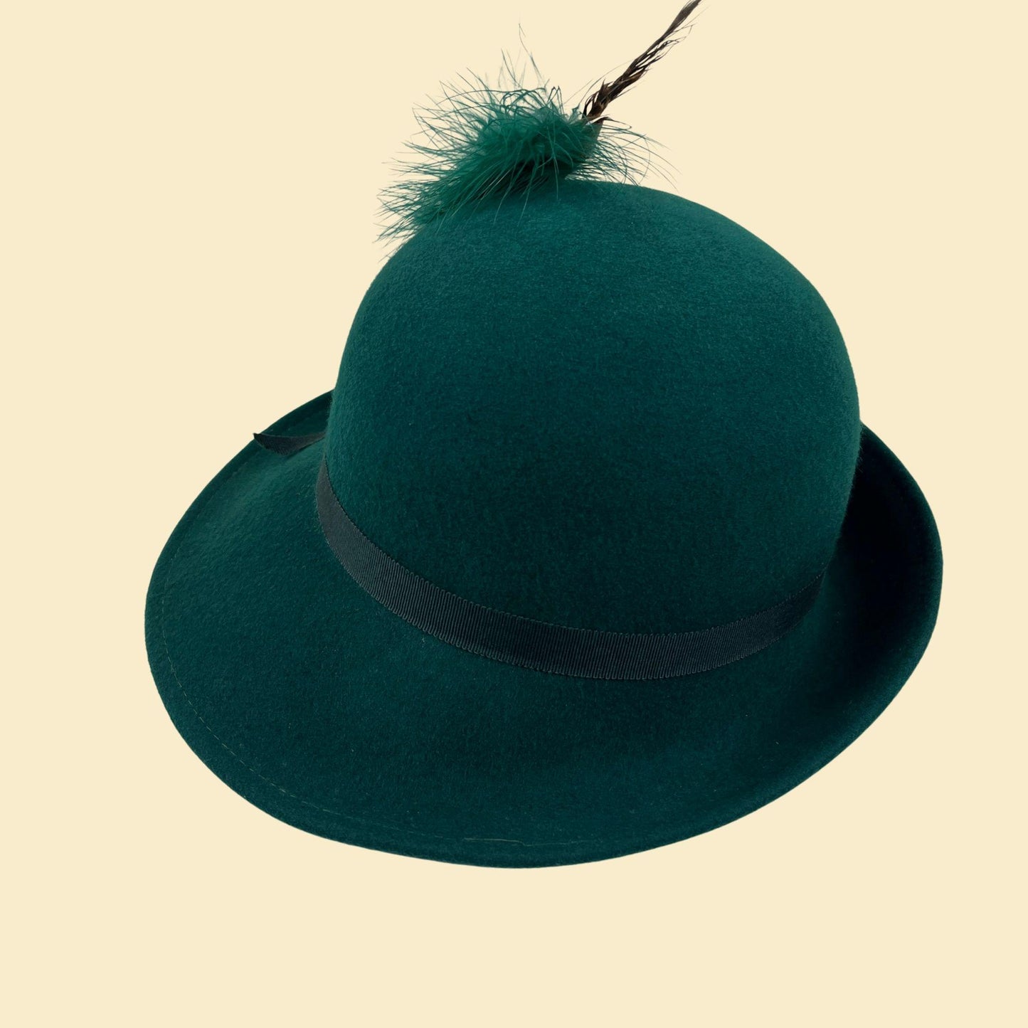 1970s green fedora brim hat by Geo W. Bollman & Co, vintage western-style doeskin felt wool hat w/ feather