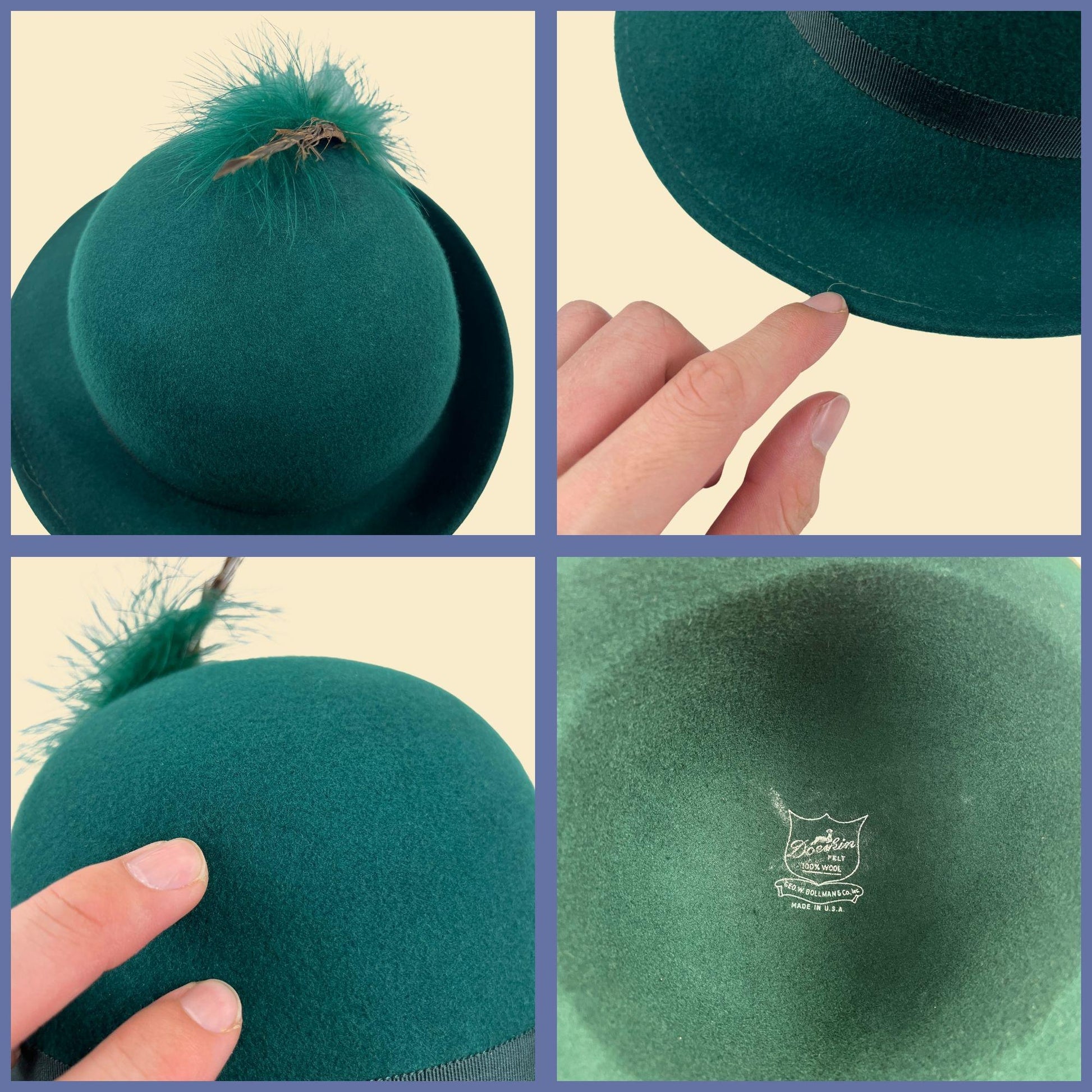 1970s green fedora brim hat by Geo W. Bollman & Co, vintage western-style doeskin felt wool hat w/ feather