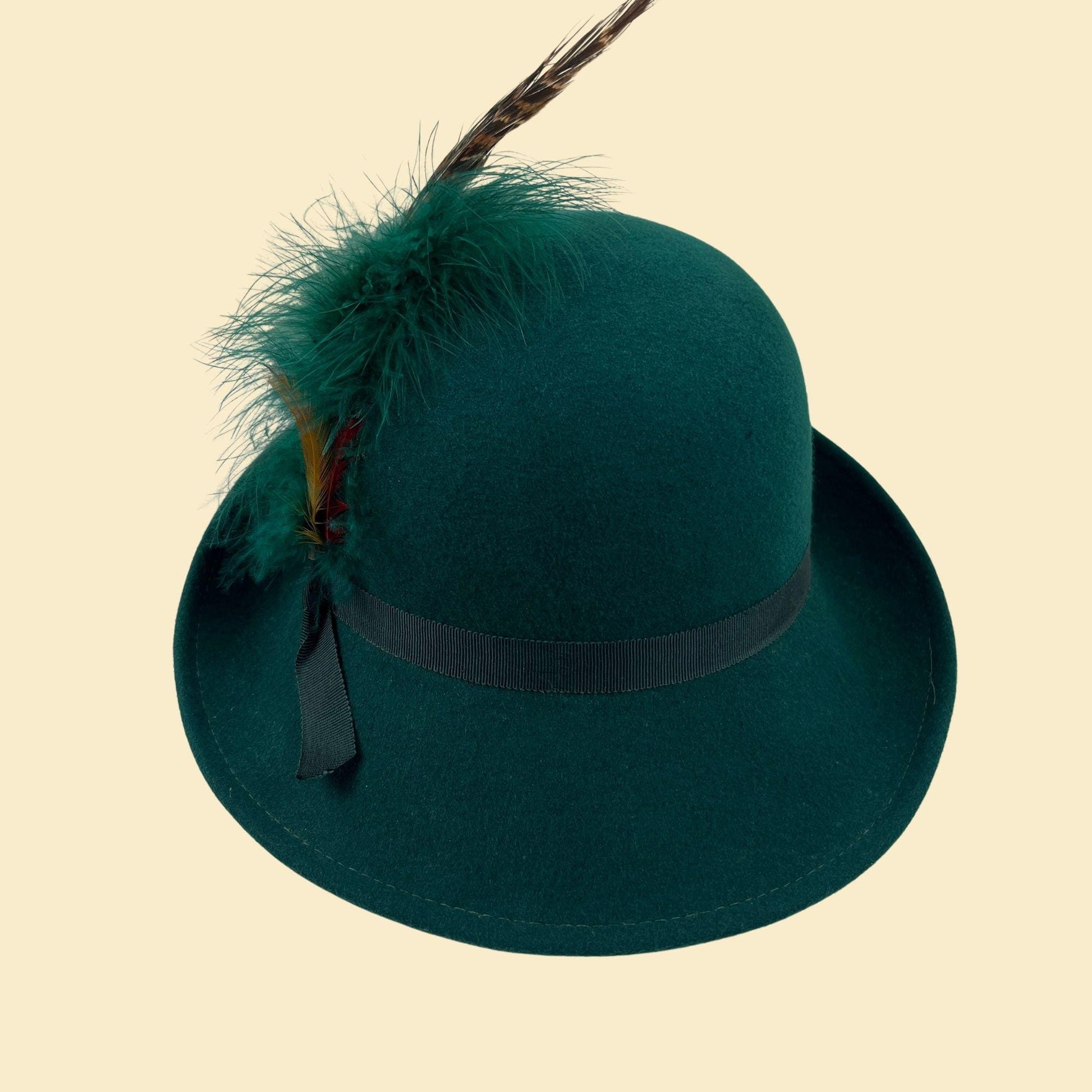 1970s green fedora brim hat by Geo W. Bollman & Co, vintage western-style doeskin felt wool hat w/ feather