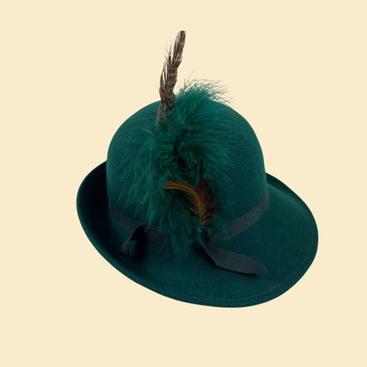 1970s green fedora brim hat by Geo W. Bollman & Co, vintage western-style doeskin felt wool hat w/ feather