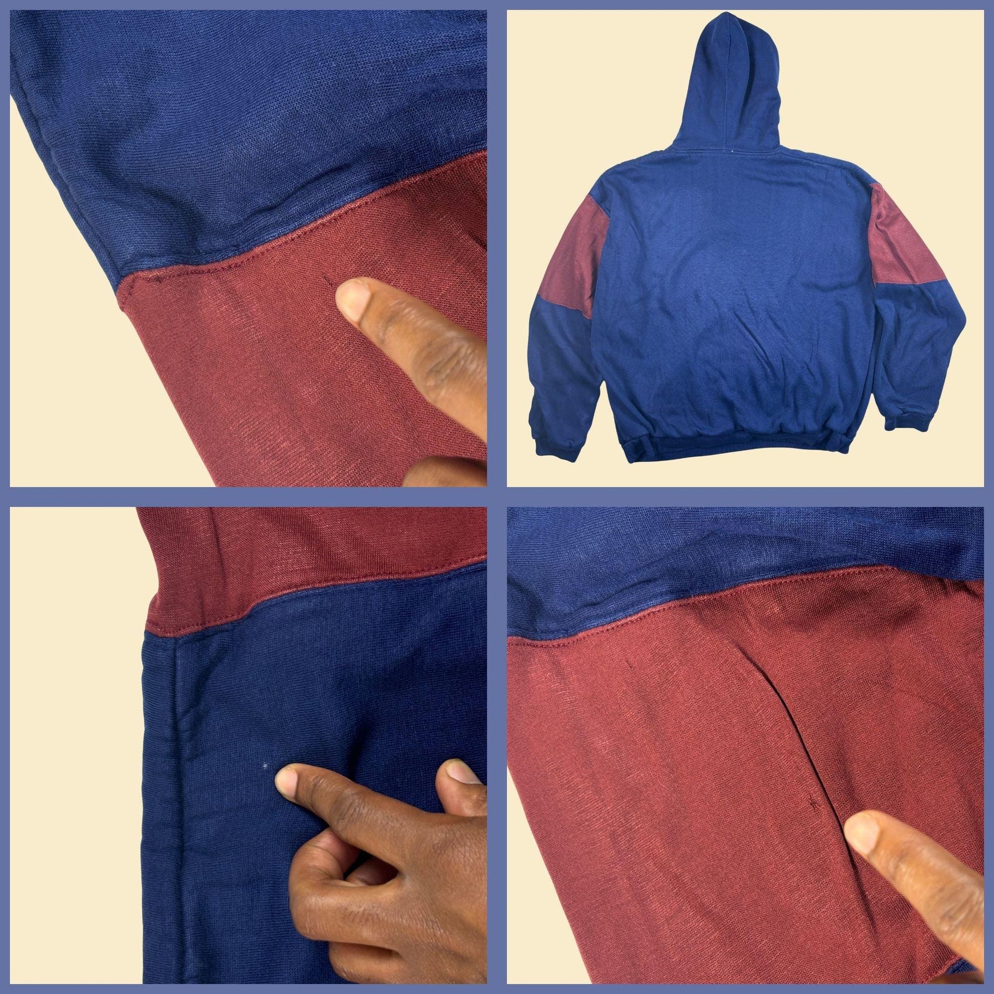 90s XL colorblock hoodie by Sports Afield, vintage burgundy & blue pullover hooded jacket