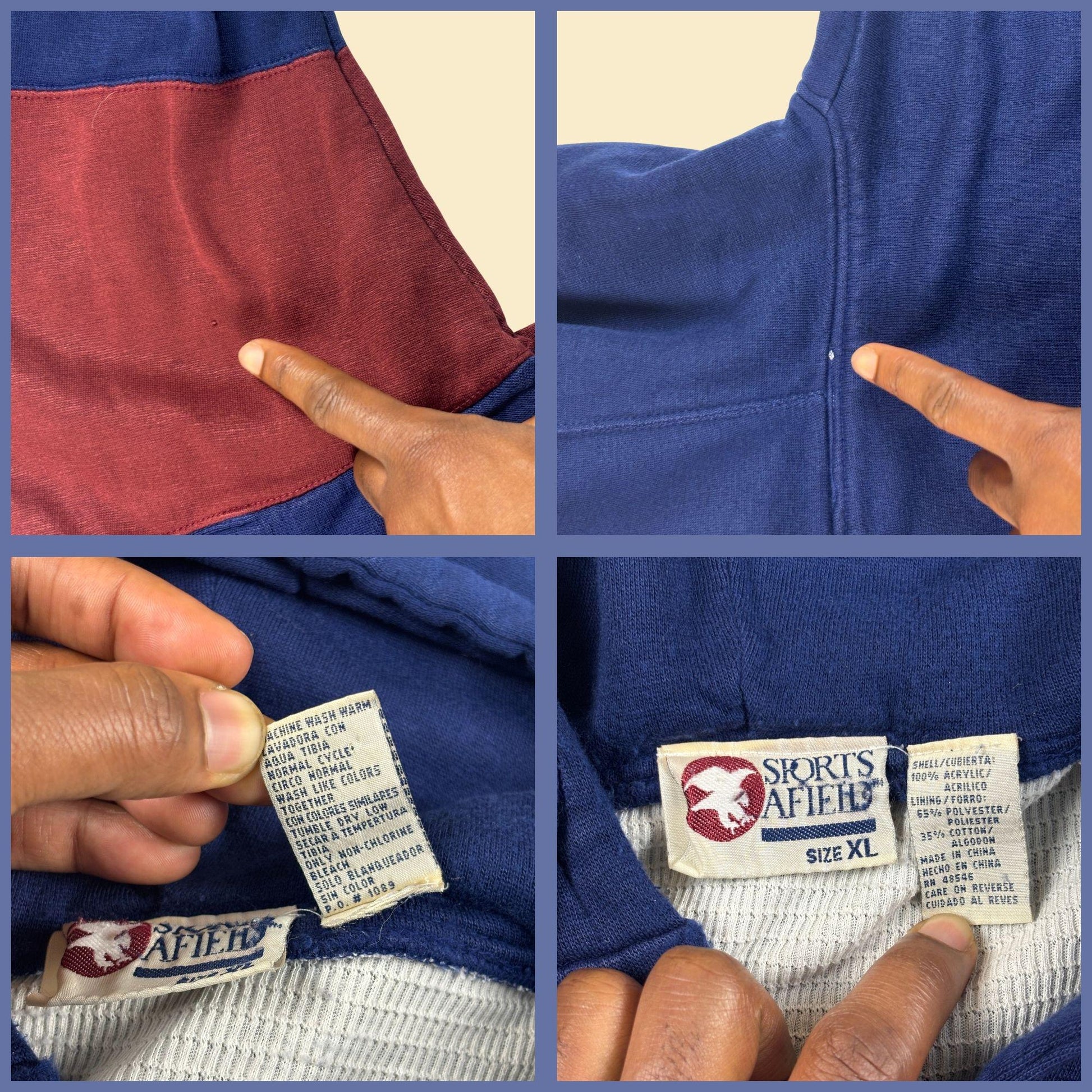 90s XL colorblock hoodie by Sports Afield, vintage burgundy & blue pullover hooded jacket