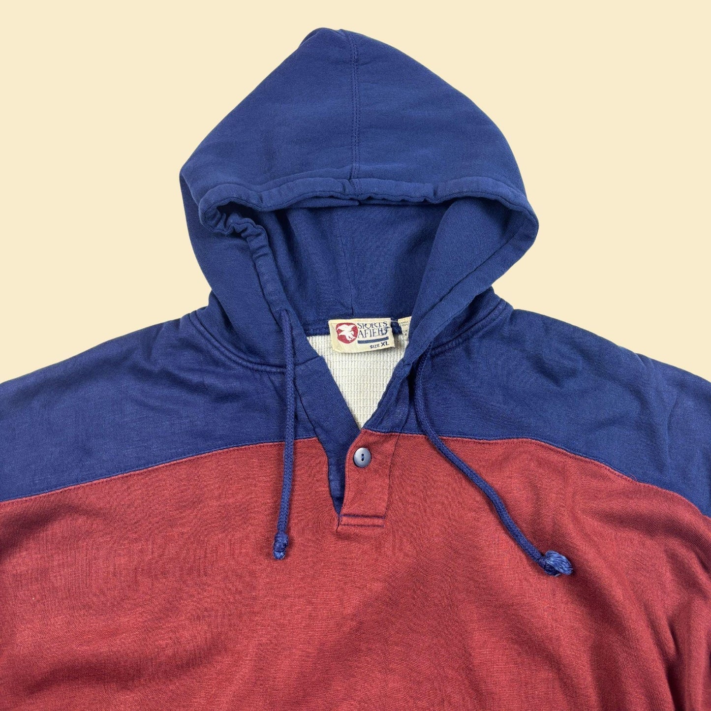 90s XL colorblock hoodie by Sports Afield, vintage burgundy & blue pullover hooded jacket