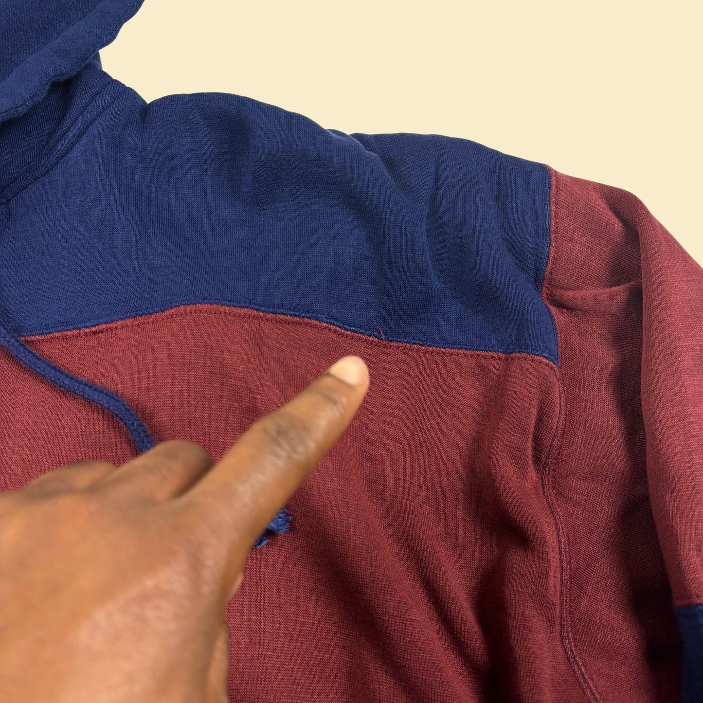 90s XL colorblock hoodie by Sports Afield, vintage burgundy & blue pullover hooded jacket