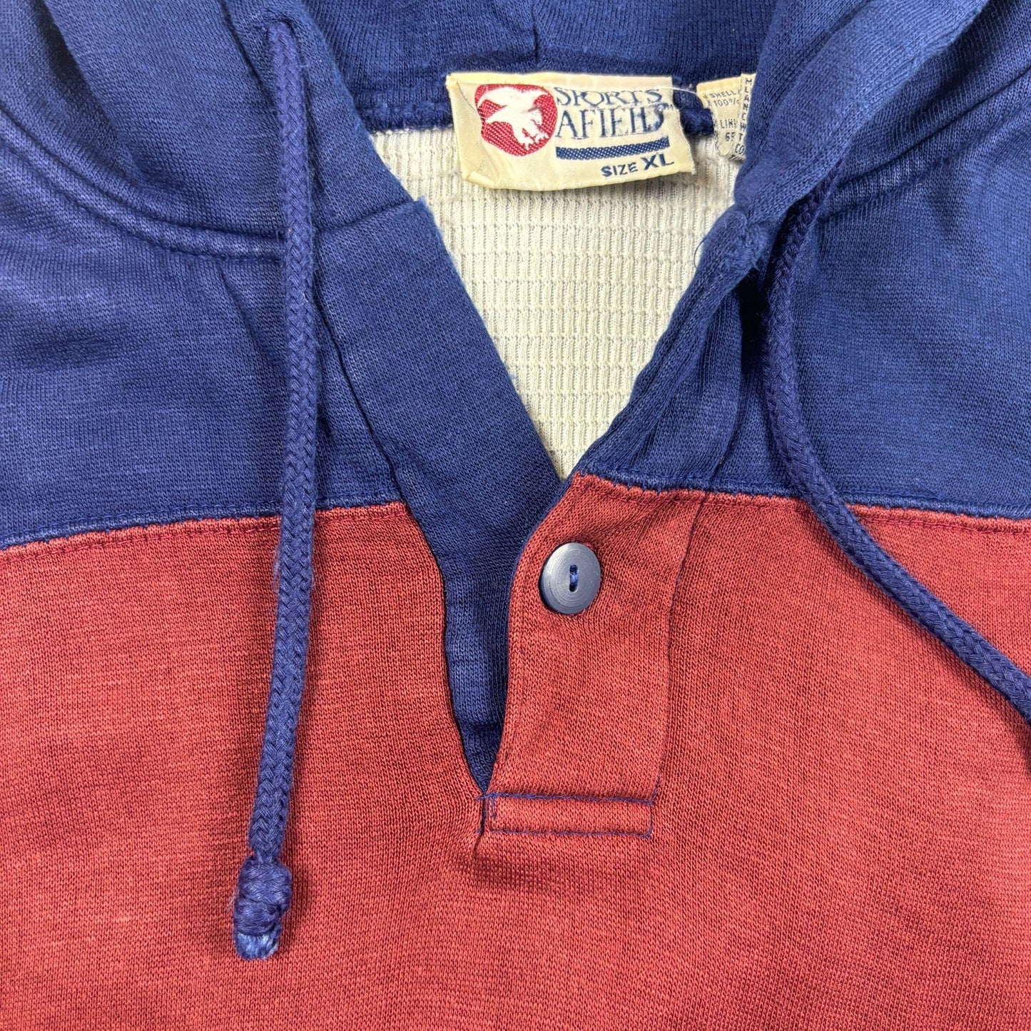 90s XL colorblock hoodie by Sports Afield, vintage burgundy & blue pullover hooded jacket