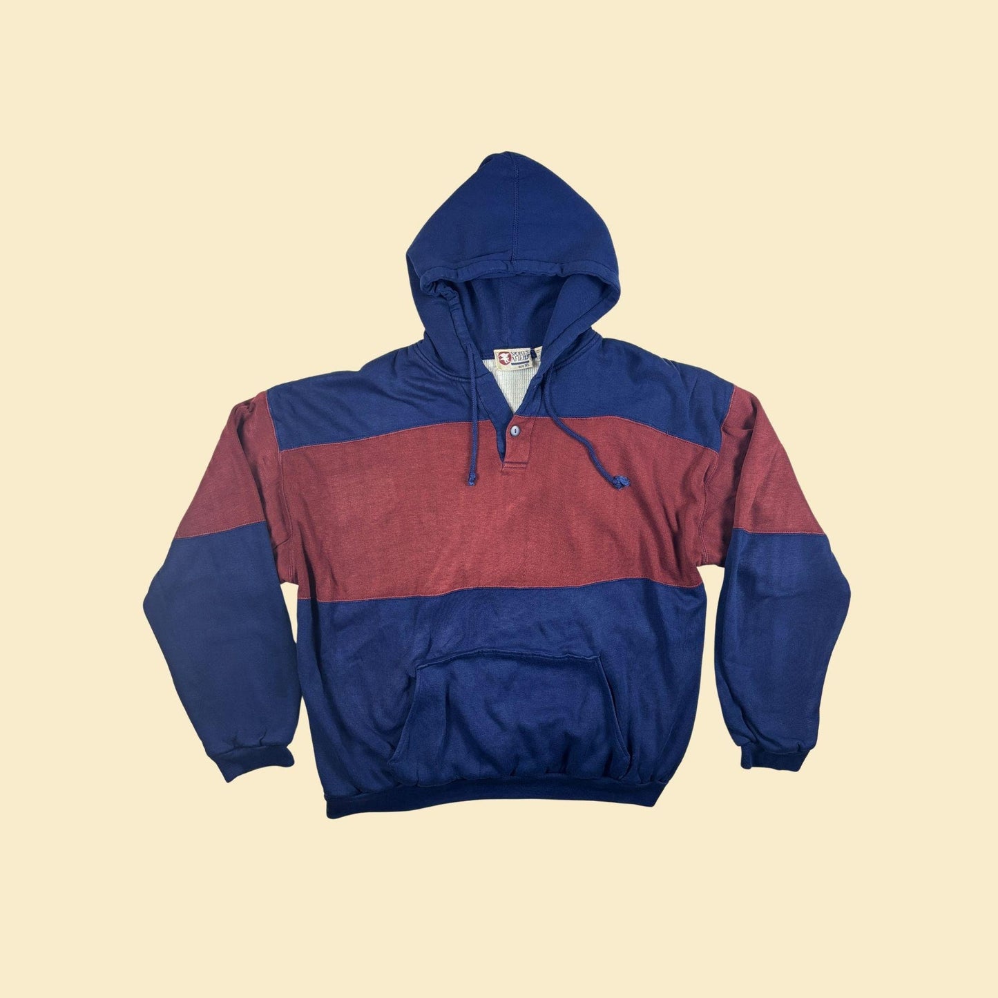 90s XL colorblock hoodie by Sports Afield, vintage burgundy & blue pullover hooded jacket